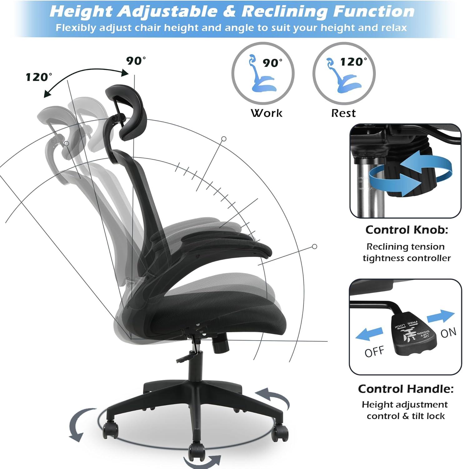 PrimeZone Ergonomic Office Desk Chair - Comfy Mesh Computer Chair with Flip-up Arms & Lumbar Support & Headrest & Tilt Function, Big and Tall High Back Chair for Home Office, 300 lbs Capacity, Black