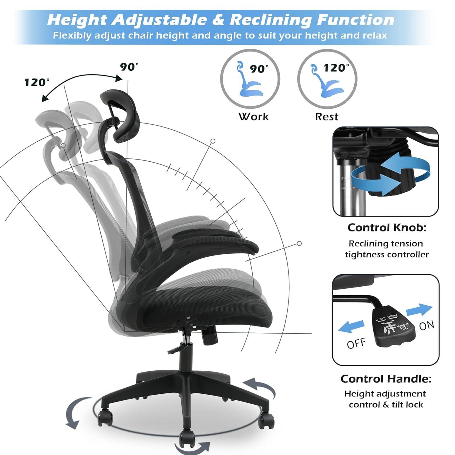 PrimeZone Ergonomic Office Desk Chair - Comfy Mesh Computer Chair with Flip-up Arms & Lumbar Support & Headrest & Tilt Function, Big and Tall High Back Chair for Home Office, 300 lbs Capacity, Black