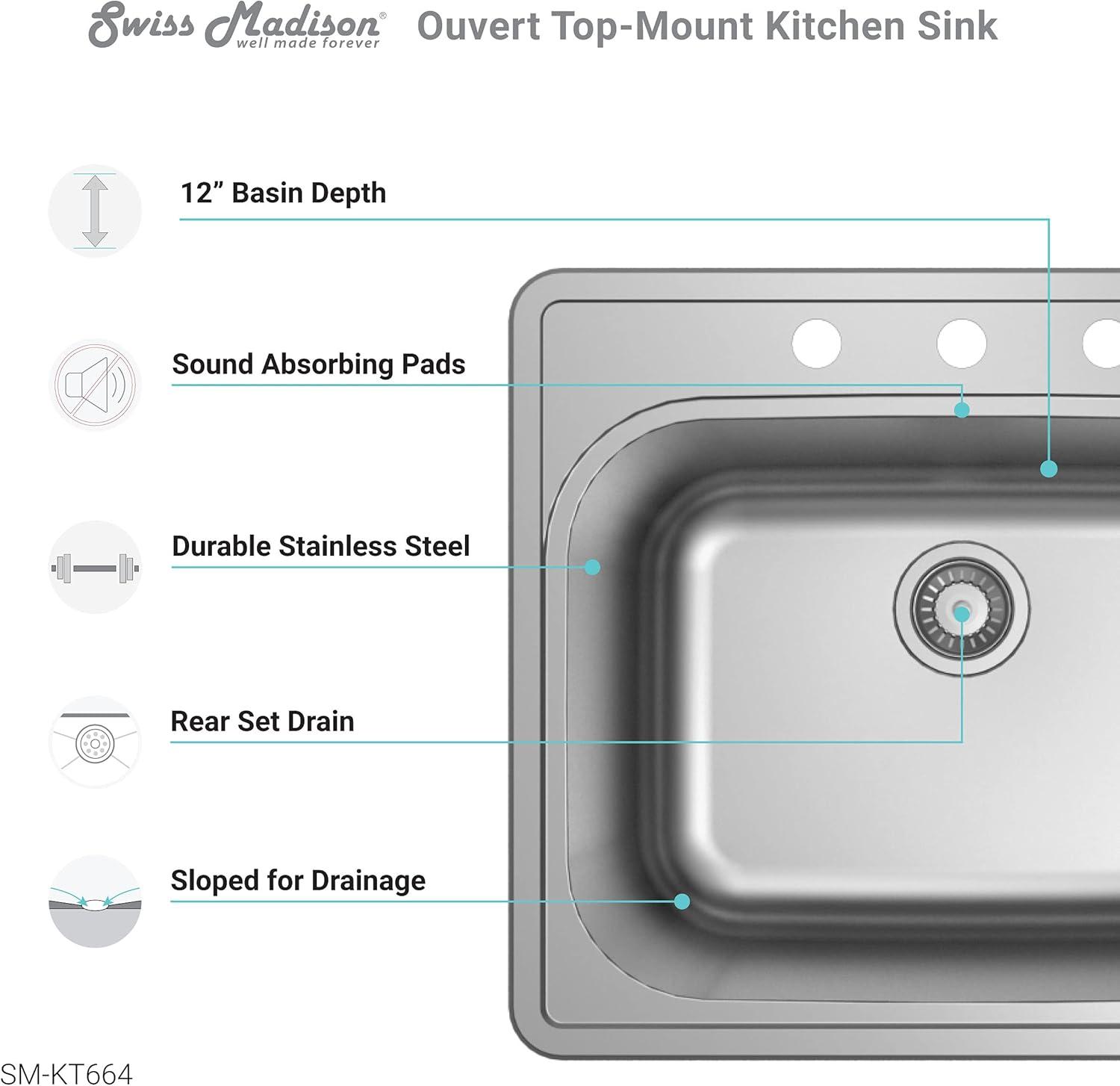 Ouvert 25 x 22 Stainless Steel, Single Basin, Top Mount Kitchen Sink