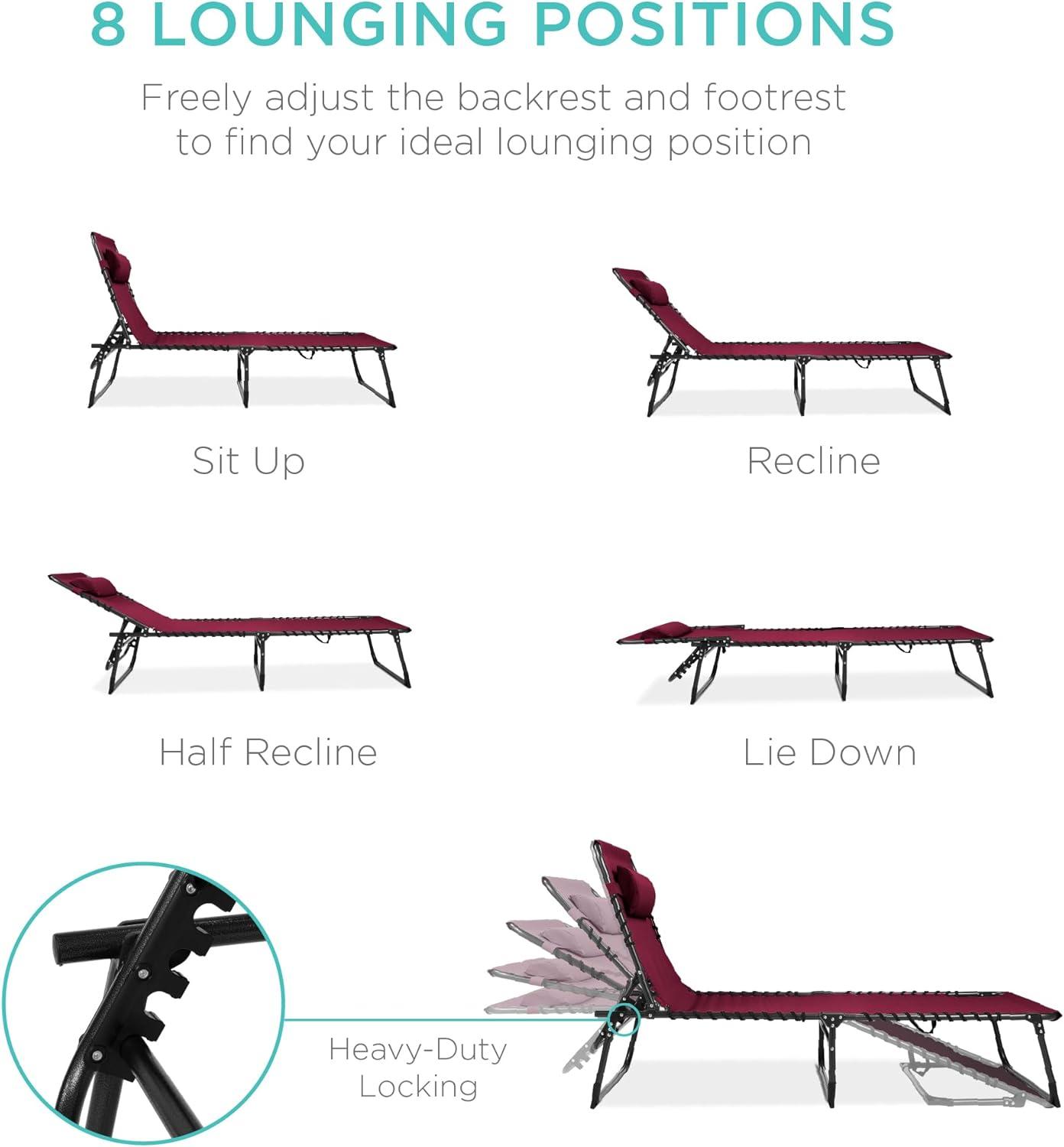 Best Choice Products Patio Chaise Lounge Chair, Outdoor Portable Adjustable Pool Recliner w/ Pillow - Wine Red