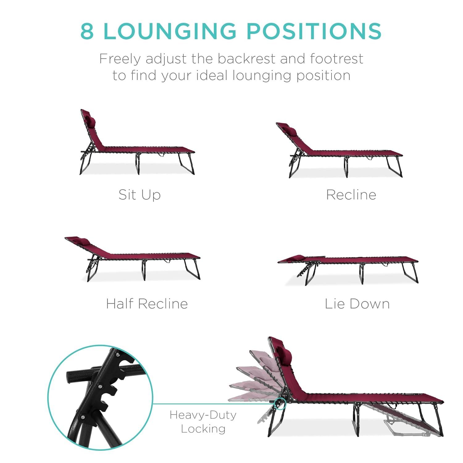 Best Choice Products Patio Chaise Lounge Chair, Outdoor Portable Adjustable Pool Recliner w/ Pillow - Wine Red