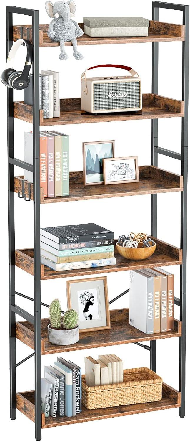 Bookshelf 6 Tier with 4 Hooks  Industrial Bookcase  Vintage Storage Rack with Open Shelves  Rustic Standing Bookshelves Metal Frame Display Rack for Living Room  Bedroom  Rustic Brown