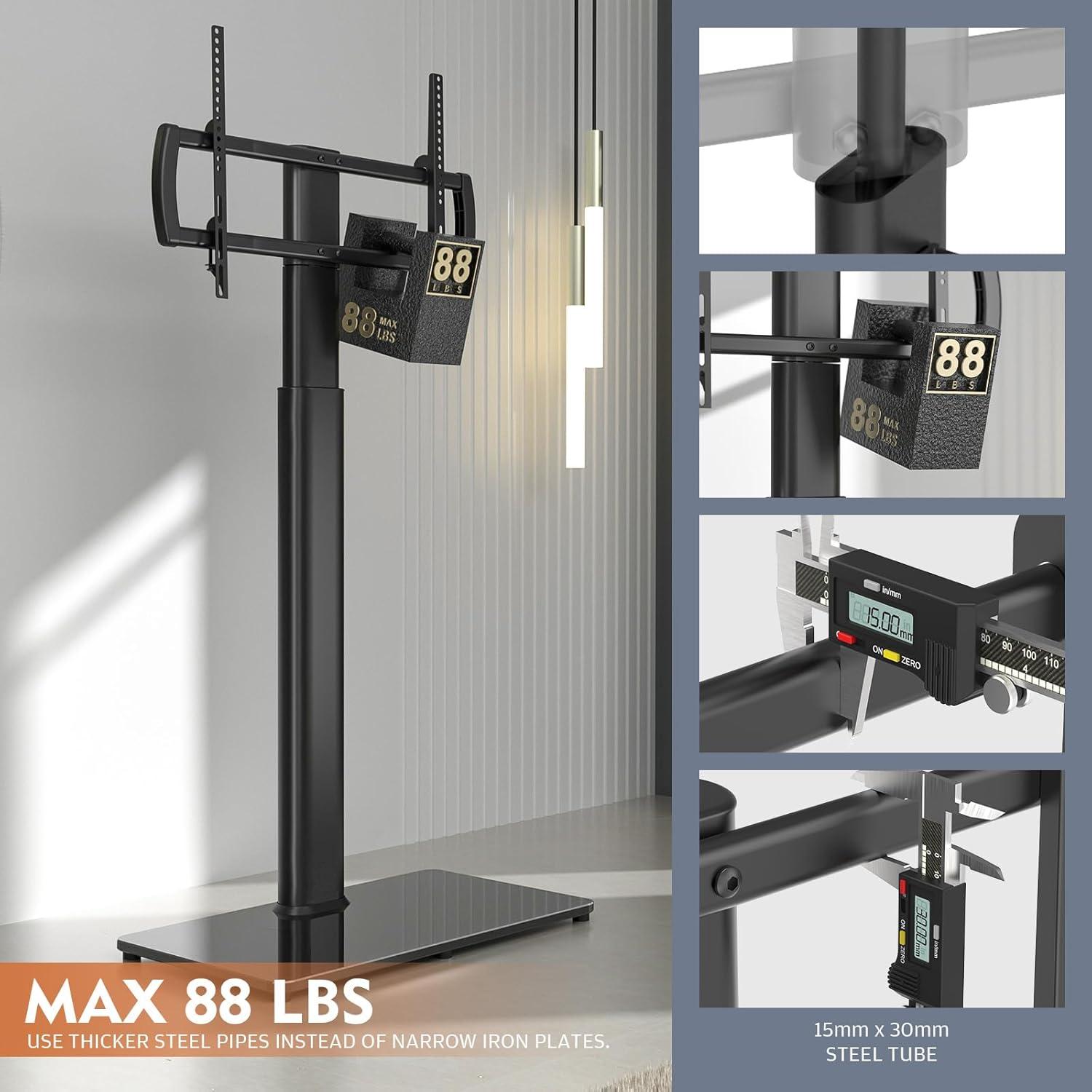 Hemudu Universal Floor TV Stand with Swivel Bracket and 2 Shelves, Black