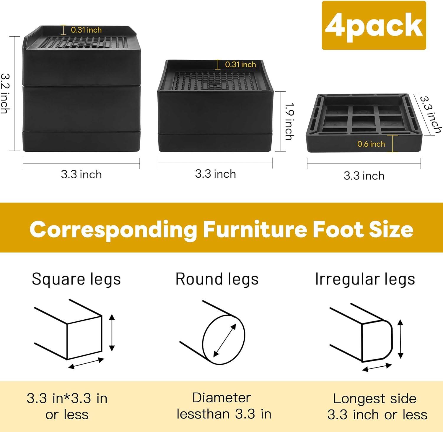 BTSD-home Bed Risers Heavy Duty Adjustable Furniture Risers Elevation in Heights 1 or 3 Inch Bed Frame Lifts Risers for Dorm Beds, Sofas 4 Pack Black Square