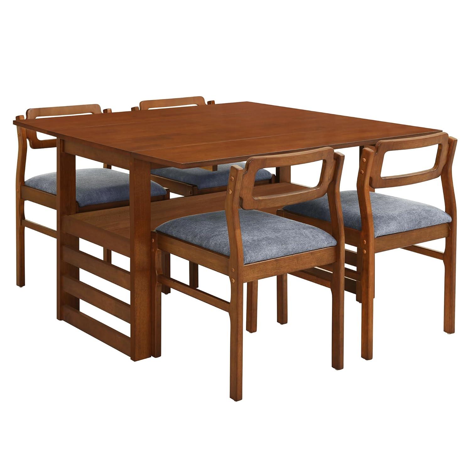 MAYEERTY Modern 5-Piece Extendable Square Dining Table Set with Storage Shelf, Brown