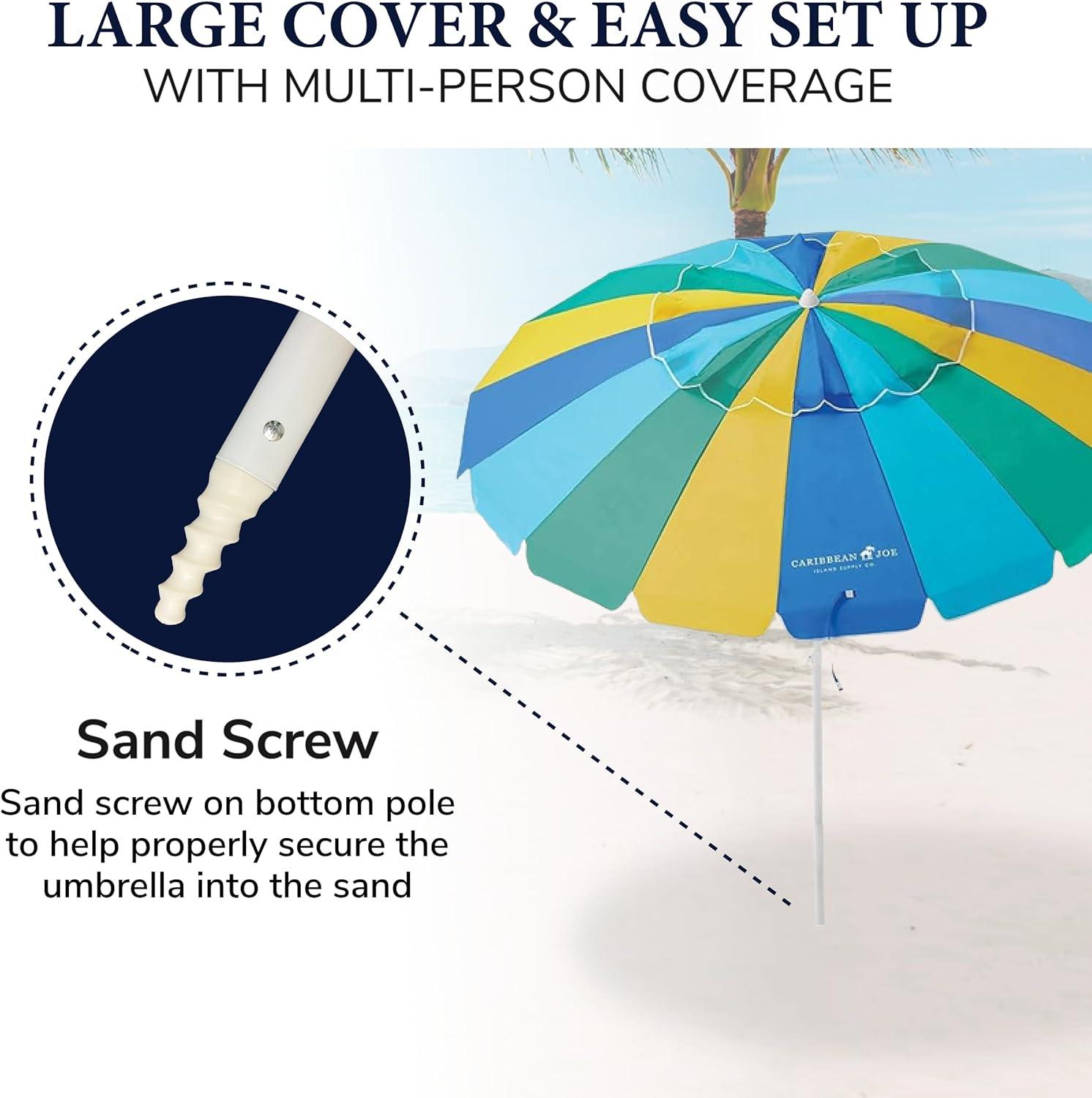 Caribbean Joe 8ft Beach Umbrella with UV Protection, Vented Canopy