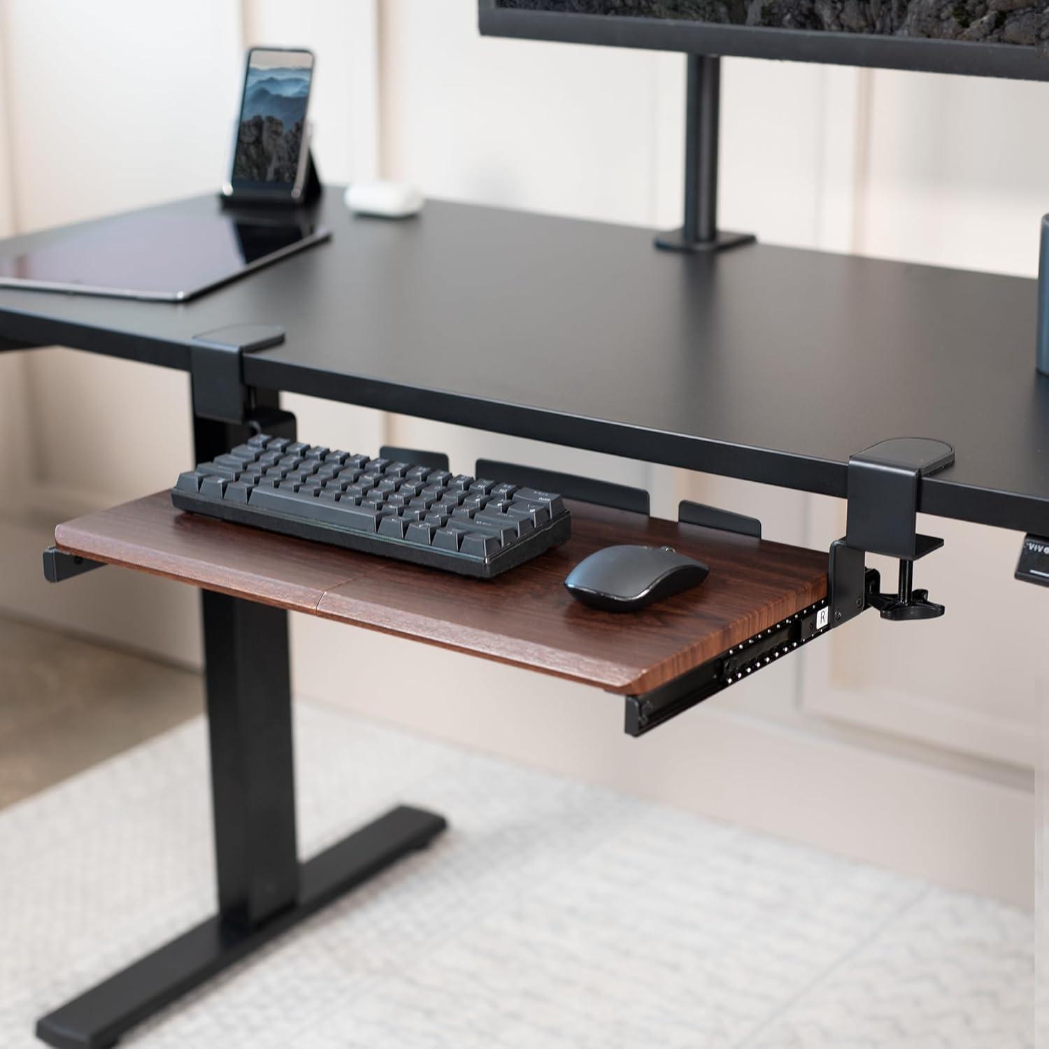 VIVO Dark Walnut Small Clamp-on Computer Keyboard & Mouse Under Desk Slider Tray