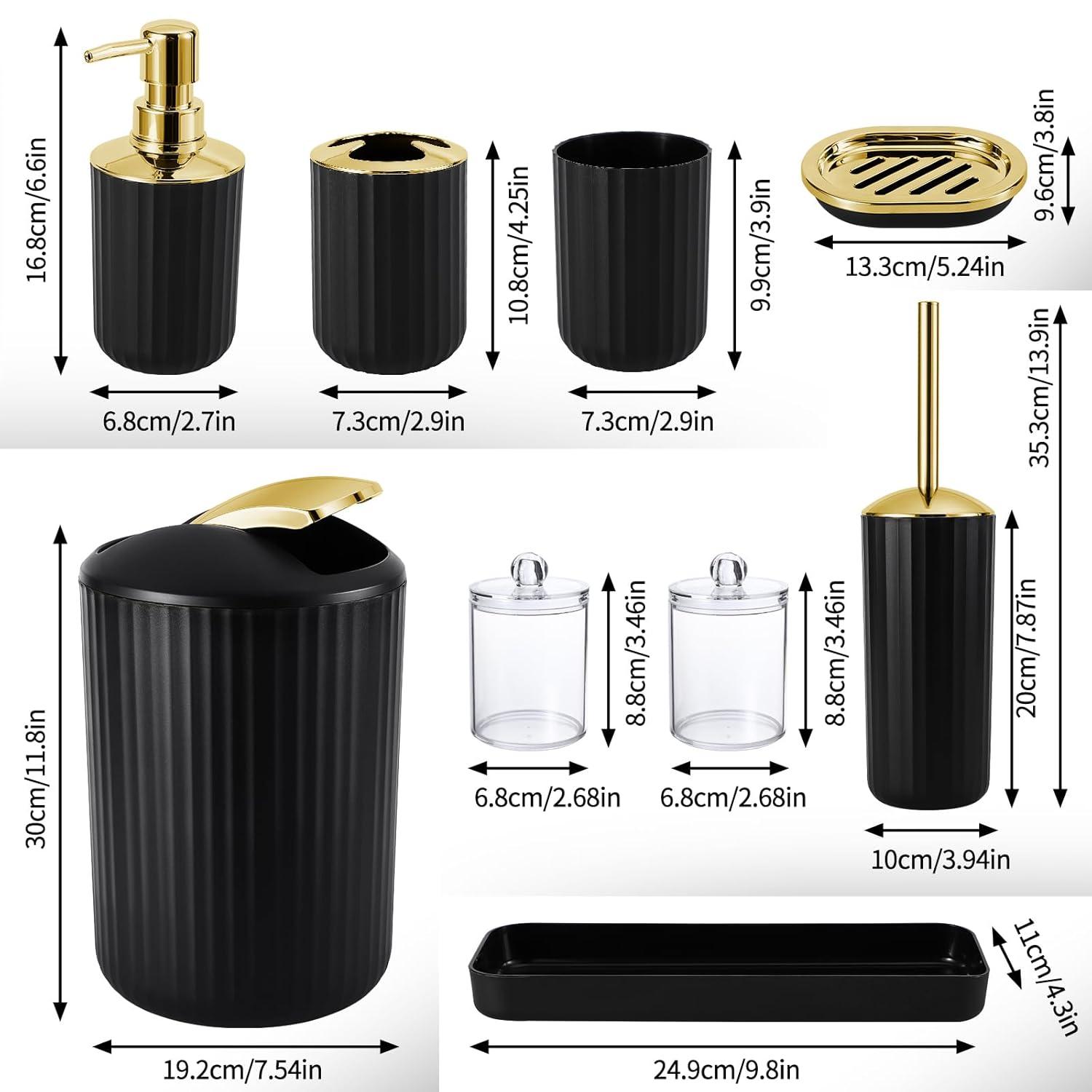 9PCS Black and Gold Bathroom Accessories Set Complete with Trash Can, Vanity Tray, Soap Dispenser, Soap Dish, Toothbrush Holder, Toothbrush Cup, Toilet Brush and Qtip Holders