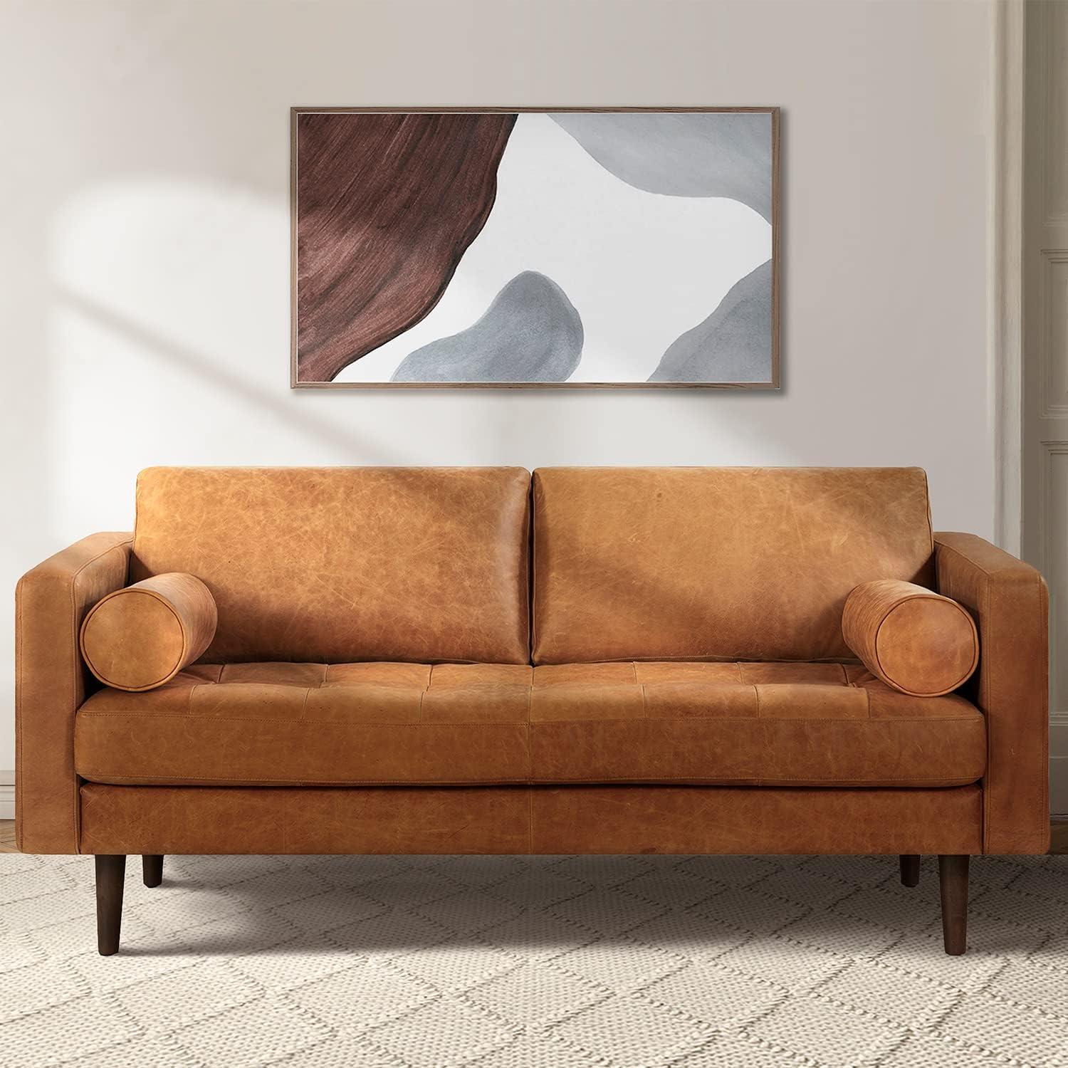 Cognac Tan Tufted Leather Lawson Sofa with Wood Legs