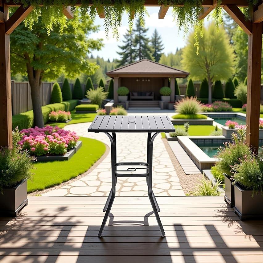 Patio Height Bar Table, Outdoor Bistro Square High Top Dining Table with 1.57'' Umbrella Hole & Steel Slat Table Top (Black)