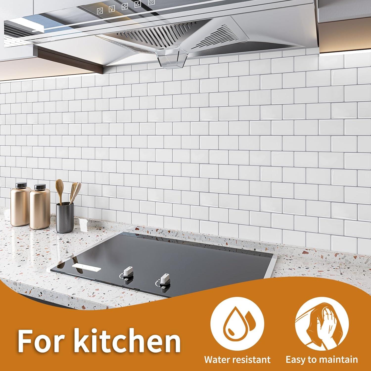 Art3d Peel and Stick Backsplash Tile, 10-Sheet Stick on Subway Tiles for Kitchem, Bathroom Back Splashes, 12"x12", Warm White with Black Grout