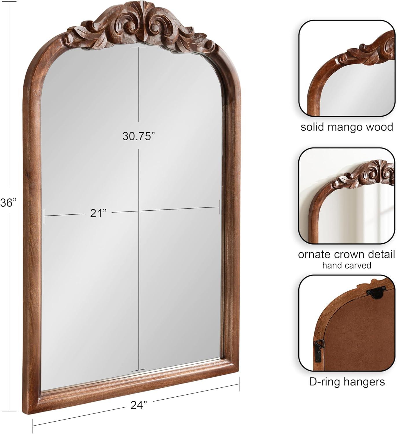 Kate And Laurel Arendahl Traditional Arch Wall Mirror, 24 x 36, Walnut Brown, Vintage Baroque-Inspired Wooden Arched Bathroom Mirror for Over Sink with Ornate Carved Crown