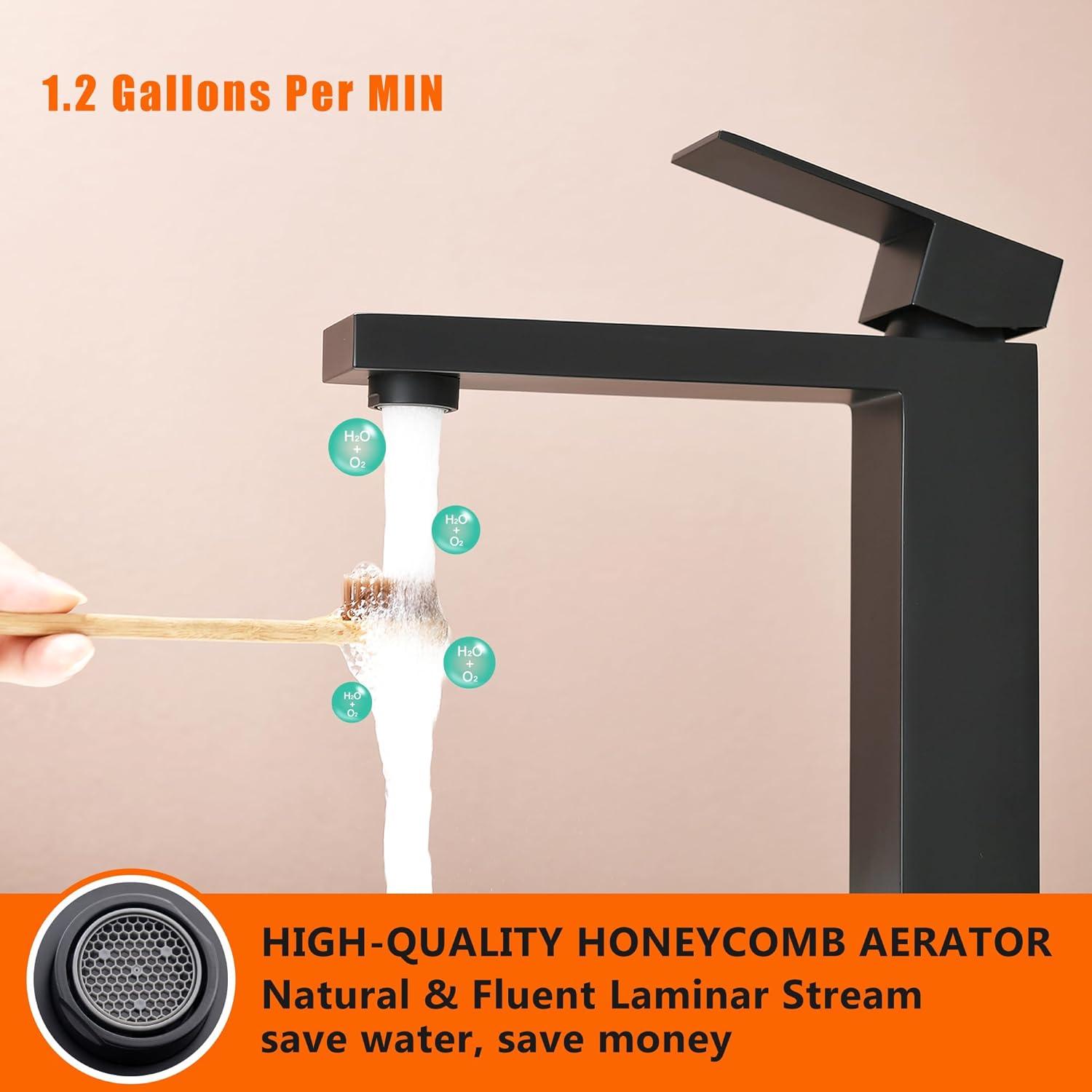 Gold Vessel Sink Faucet, Brushed Gold Tall Single Handle Bathroom Vessel Sink Faucet 1 Hole, Modern Stainless Steel Restroom Vanity Faucet with Metal Pop Up Drain and Water Supply Hose