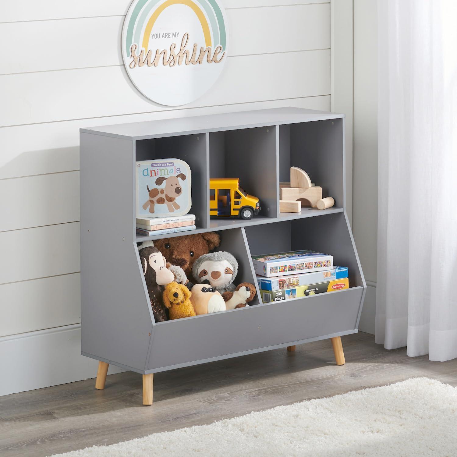 Gray Wooden 5-Bin Kids Toy Storage Organizer with Feet