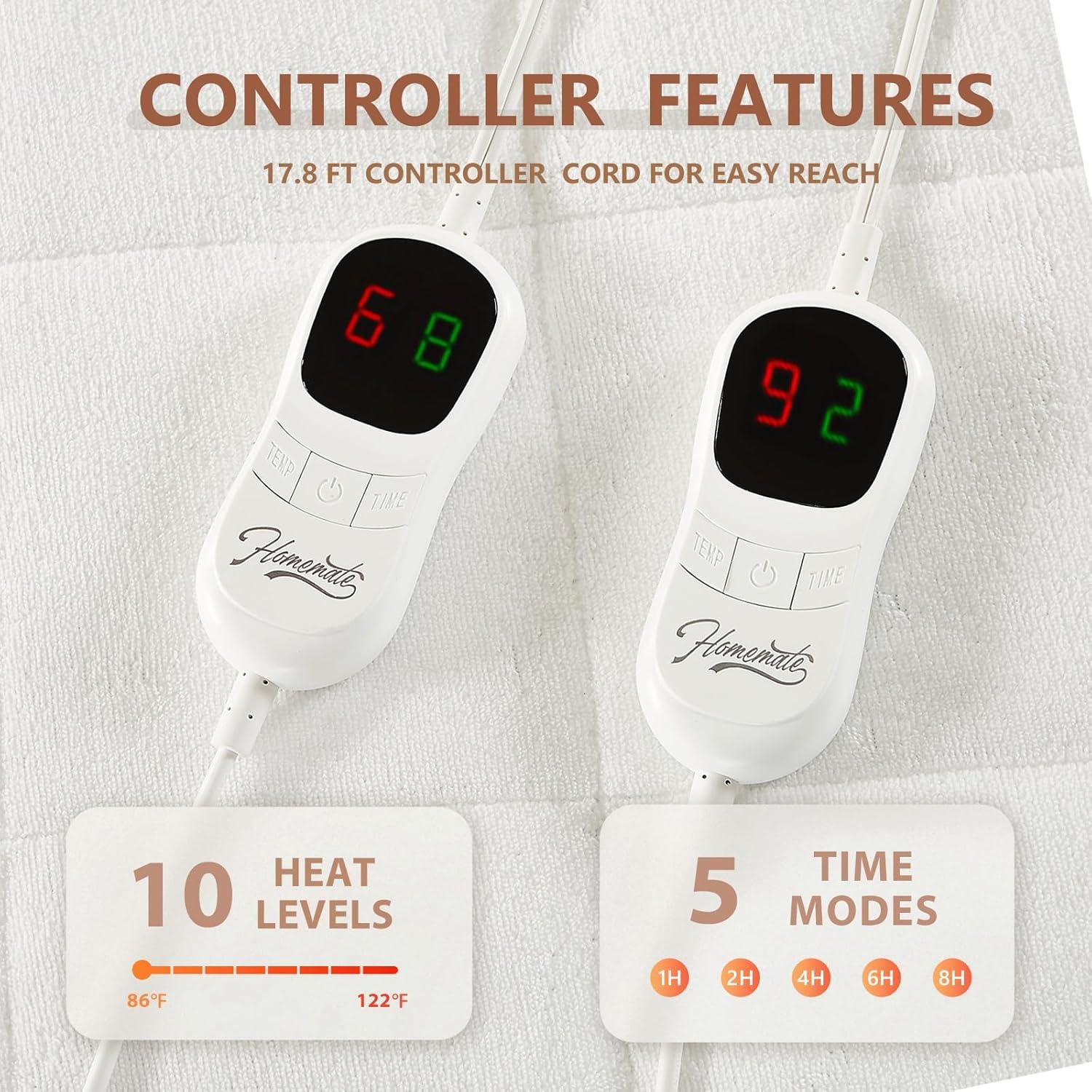 Homemate King Size Heated Mattress Pad, Coral Fleece, 5 Heated Settings, Dual Controller, 10 Hours Auto Off, 21 Inches Maximum Length, 80"x78"