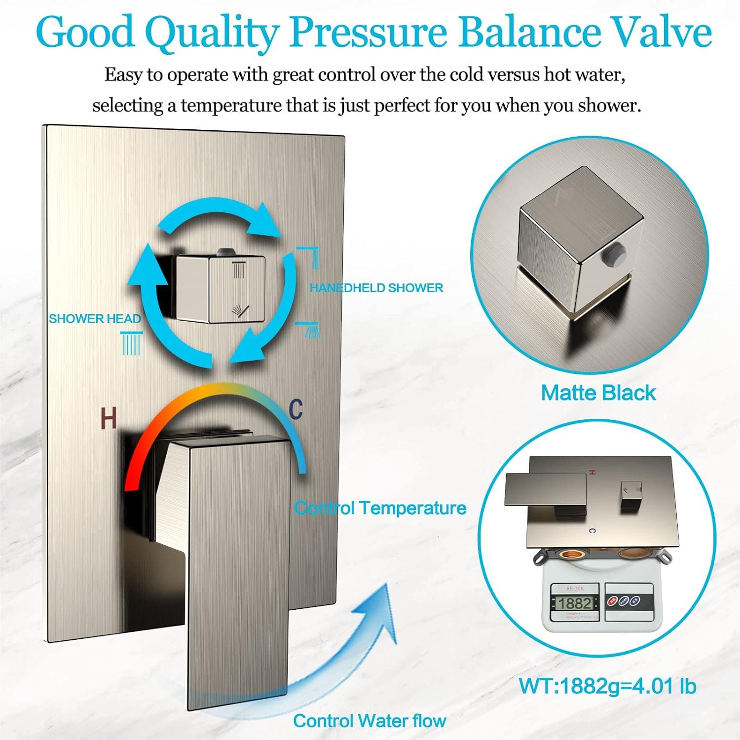 AWZTOO Wall Mounted Shower Faucet With Hand Shower Modern Shower System Set 10 Inch Rainfall Shower Head With Pressure Balance Valve Brushed Nickel