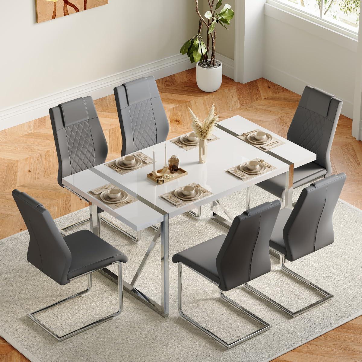 Grey Faux Leather Upholstered Side Chair with Metal Legs, Set of 6