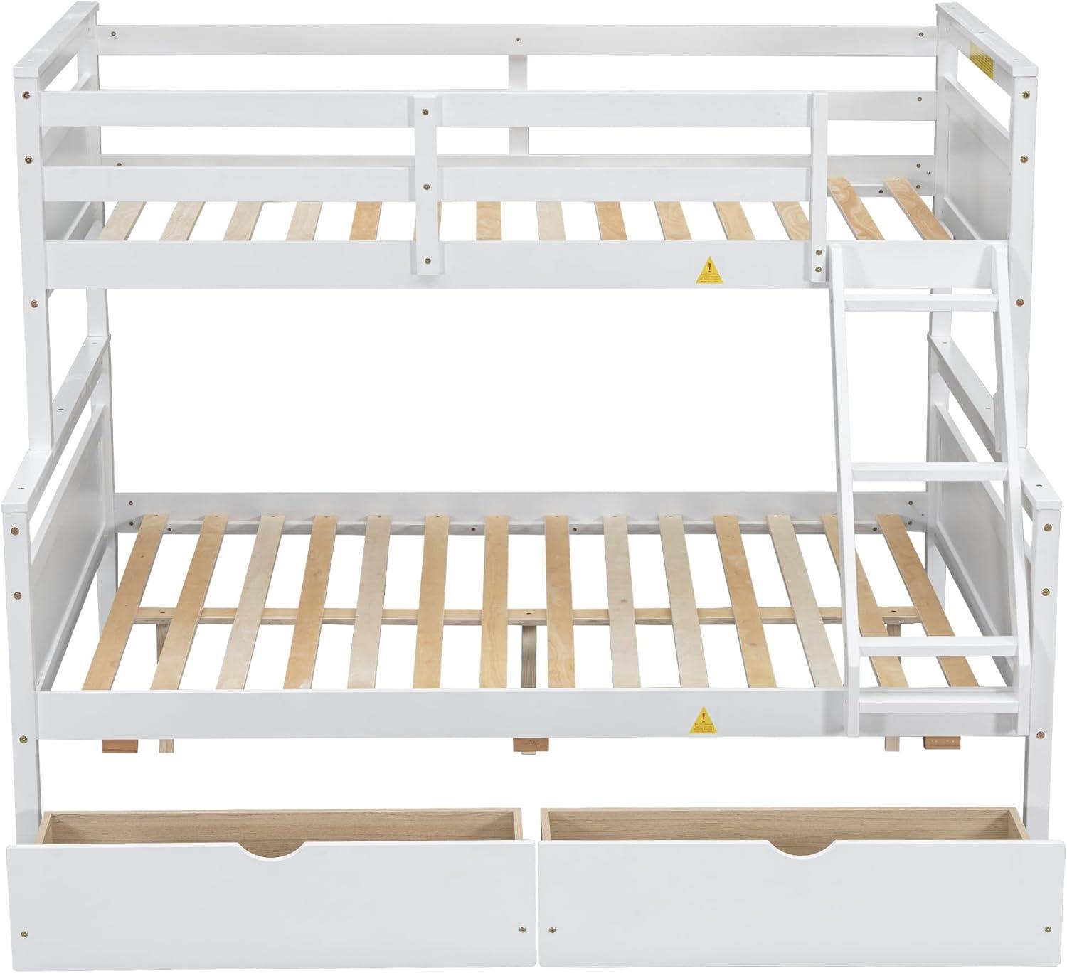 Merax Twin Over Full Bunk Bed with 2 Storage Drawers,Solid Wood Bunk Bed with Ladder and Safety Guardrail for Bedroom Kids Adults, Can be Separated into 2 Beds,White