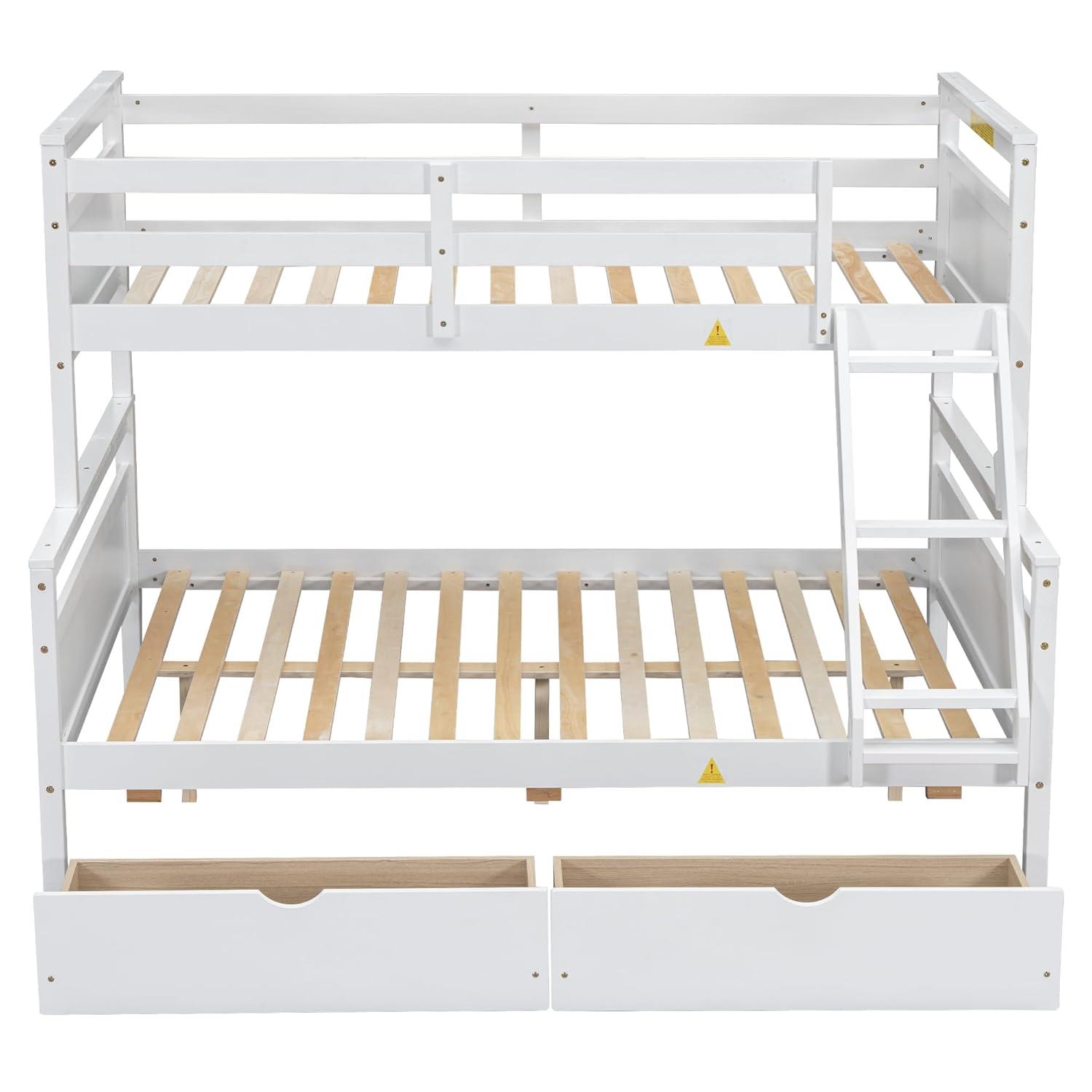 Merax Twin Over Full Bunk Bed with 2 Storage Drawers,Solid Wood Bunk Bed with Ladder and Safety Guardrail for Bedroom Kids Adults, Can be Separated into 2 Beds,White