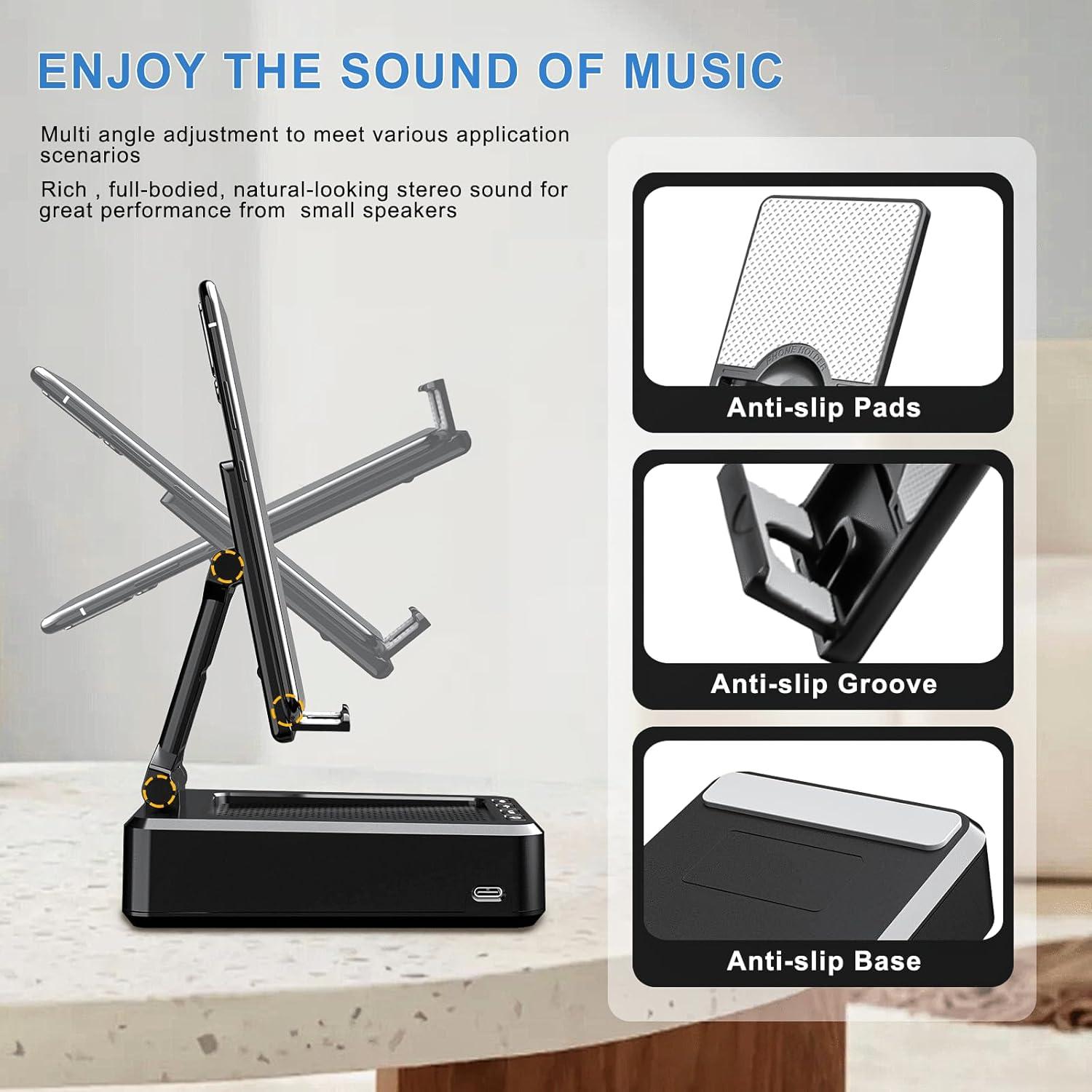 Cell Phone Stand with Wireless Bluetooth Speaker Compatible for Any Smartphones,Anti-Slip Design Phone Holder with HD Surround Sound Bluetooth Speaker for Home,Office,Outdoor