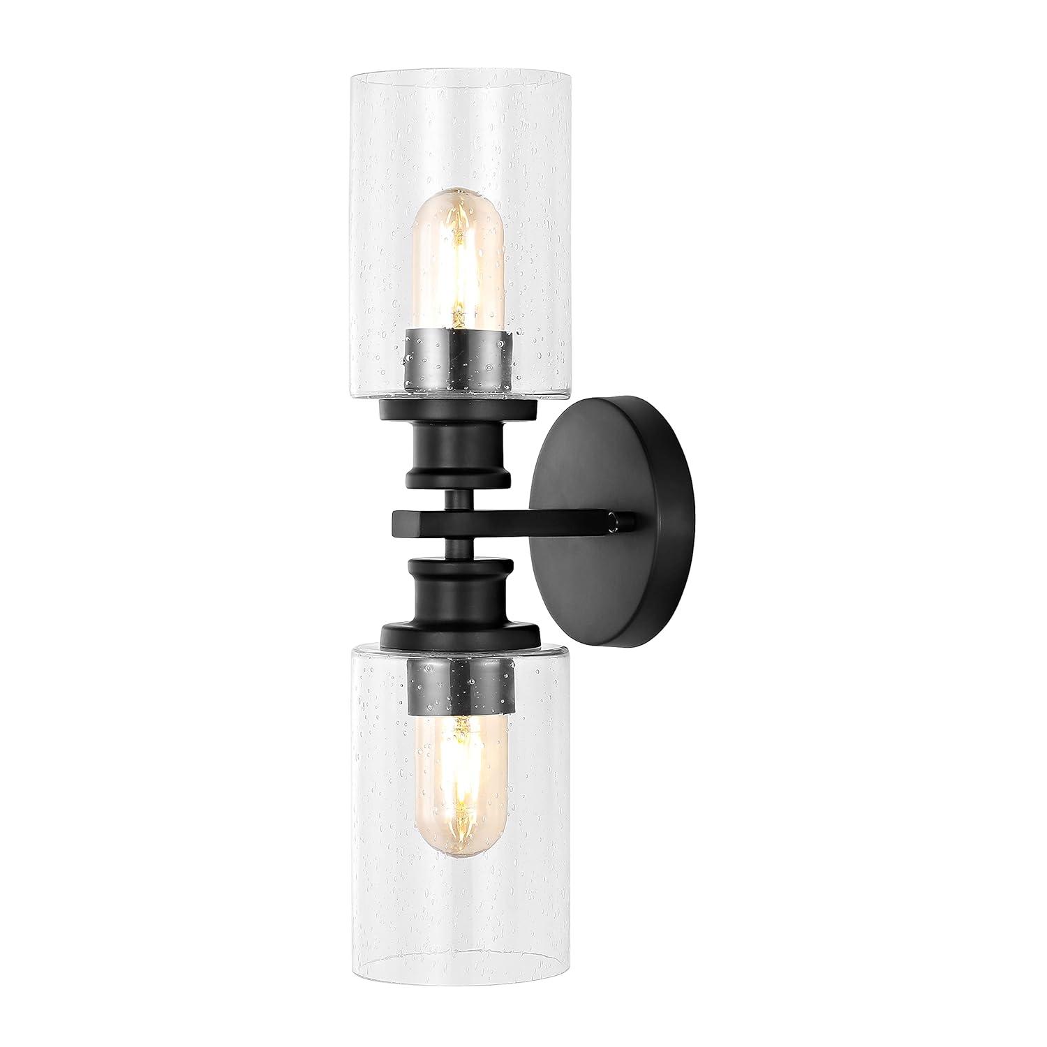 JONATHAN Y Jules Edison 16.5" Cylinder 2-Light Iron/Seeded Glass Farmhouse Contemporary LED Wall Sconce, Black