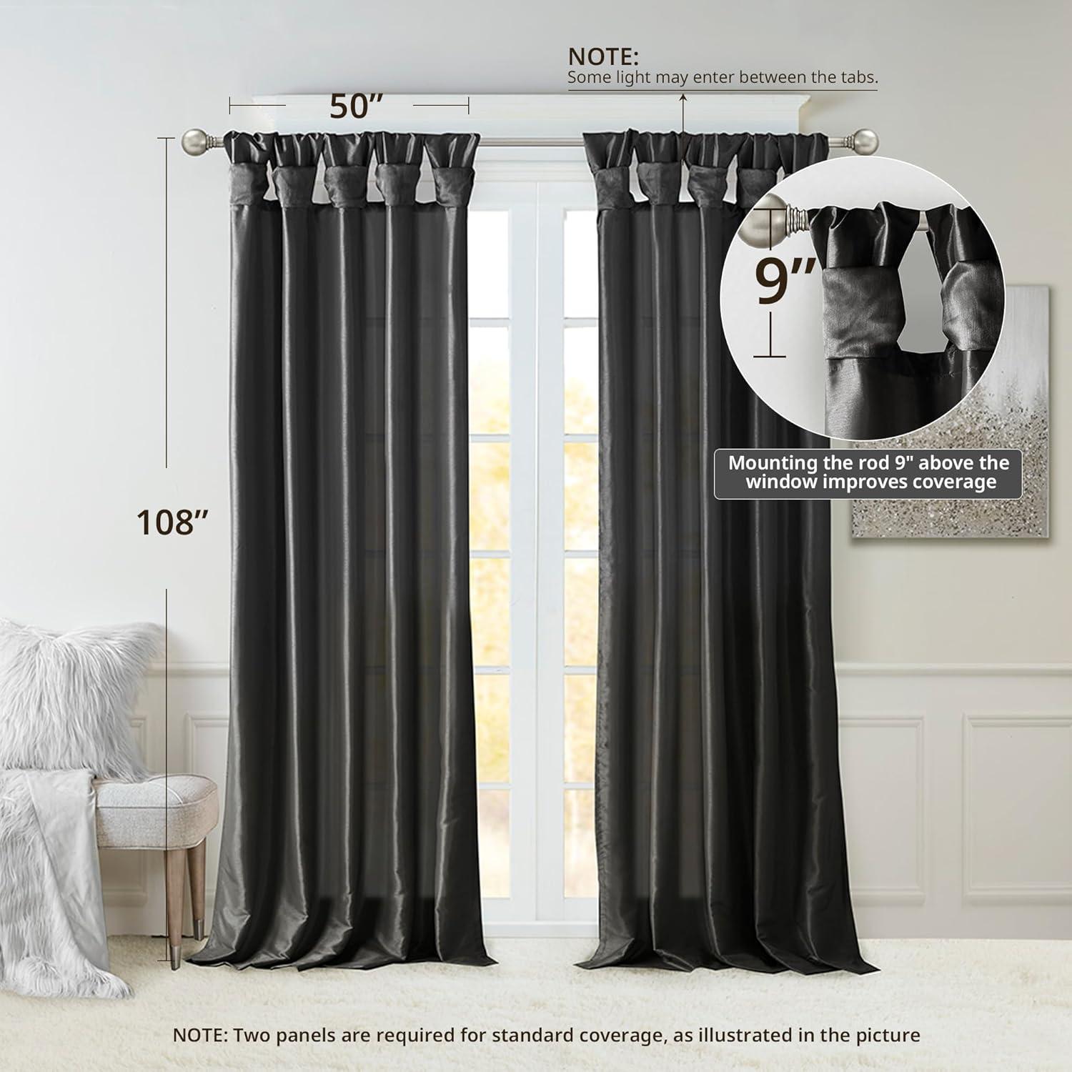 Madison Park Solid Pattern Faux Silk Twisted Tab Top Curtains, 50’’ x 84’’, Black