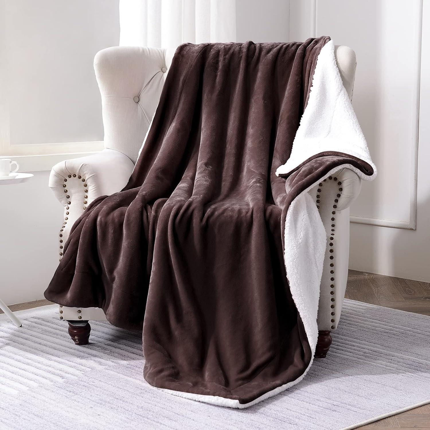 Brown Reversible Sherpa Fleece Throw Blanket, 50x60 inches