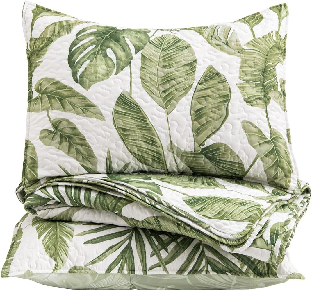 Twin Green Microfiber Reversible Tropical Quilt Set