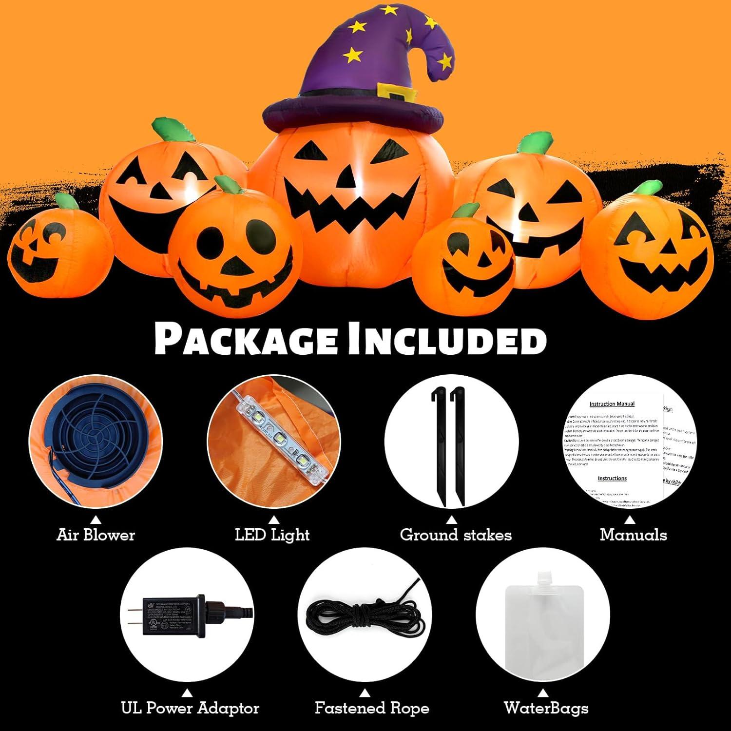 8FT Long Halloween Inflatables Outdoor Decorations, Haunted Inflatable Pumpkins With Witch Hat & Ghost Combo Blow Up Yard Decoration Built-In Leds Lighted For Lawn Garden Outside Indoor Decor