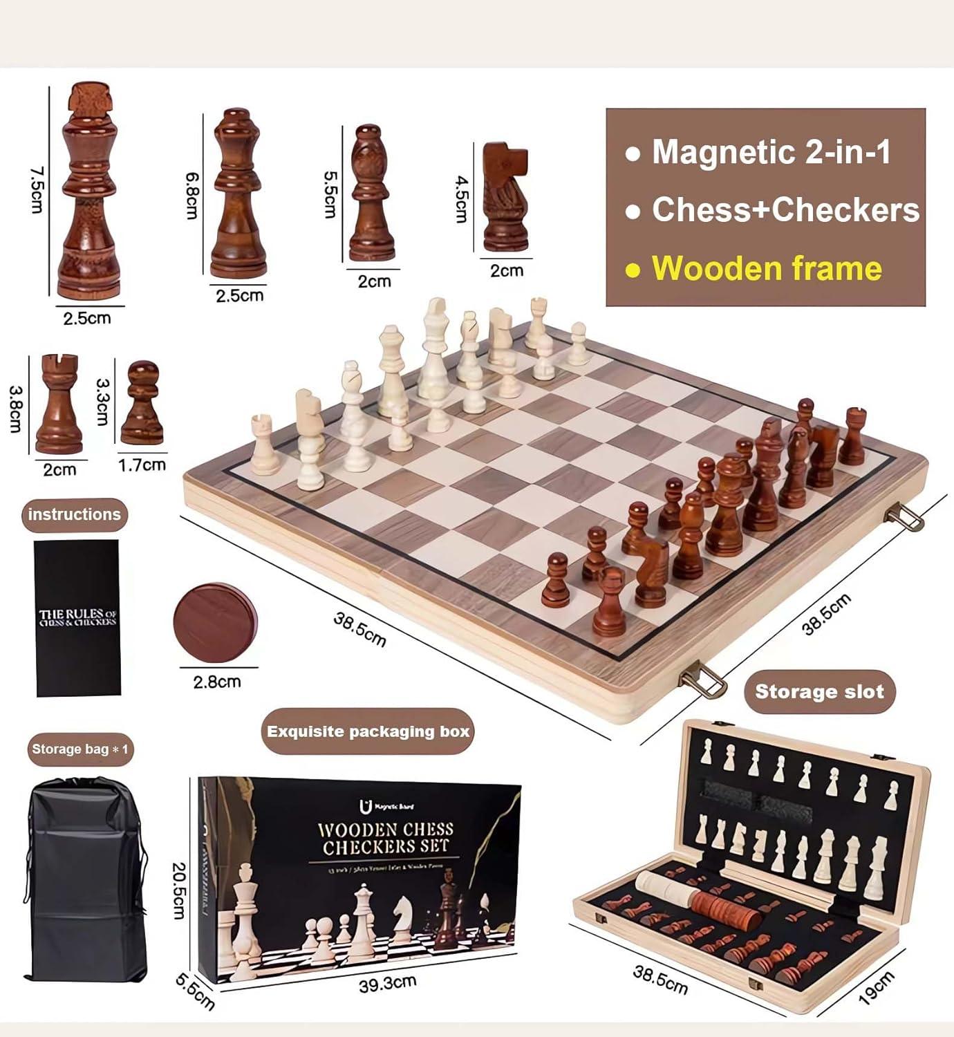 KiddiTouch 15 inch Magnetic Wooden Chess Set 2 in 1 Folding Chess Board Travel Chess Games for Adults and Kids-2 Extra Queen Pieces