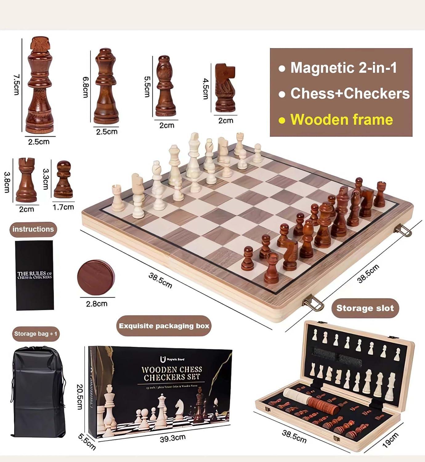 KiddiTouch 15 inch Magnetic Wooden Chess Set 2 in 1 Folding Chess Board Travel Chess Games for Adults and Kids