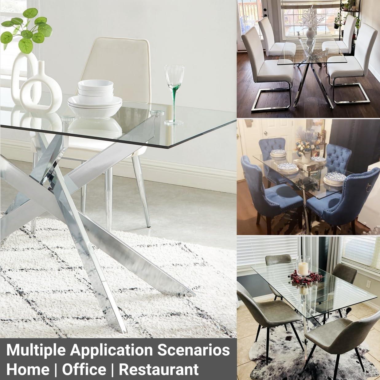 Silver Glass Rectangle Dining Table with Chrome Cross Legs