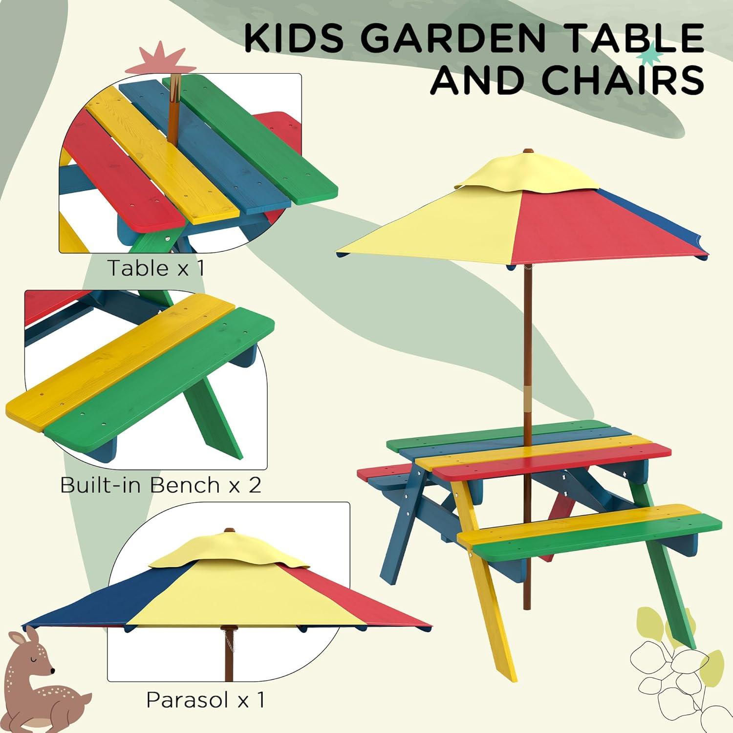 Outsunny Kids Picnic Table Set with Parasol, Wooden Outdoor Bench Set with Seating for 2 Children 3-6 Years Old, for Patio, Backyard, Indoor Use