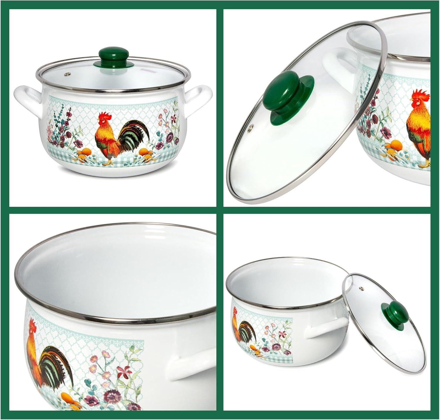 STP Goods Traditional Country Style Enamel Rooster Belly Deep Casserole With Glass Lid