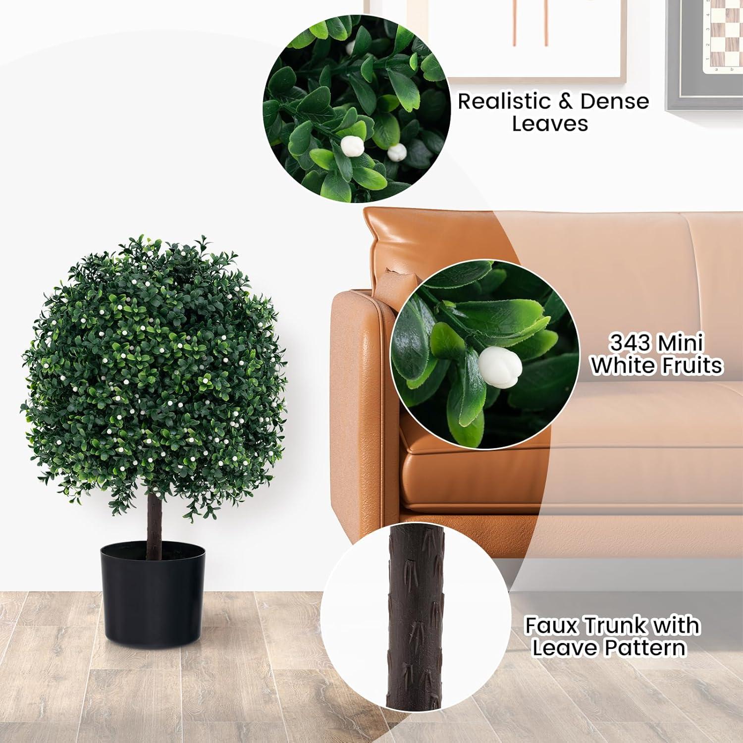 22’’ Faux Boxwood Topiary Ball Tree Set of 2, Artificial Plants Outdoor Weather Resistant, Cement-Filled Potted Bushes, Evergreen Topiary Trees Artificial for Porch Decoration Indoor Outdoor