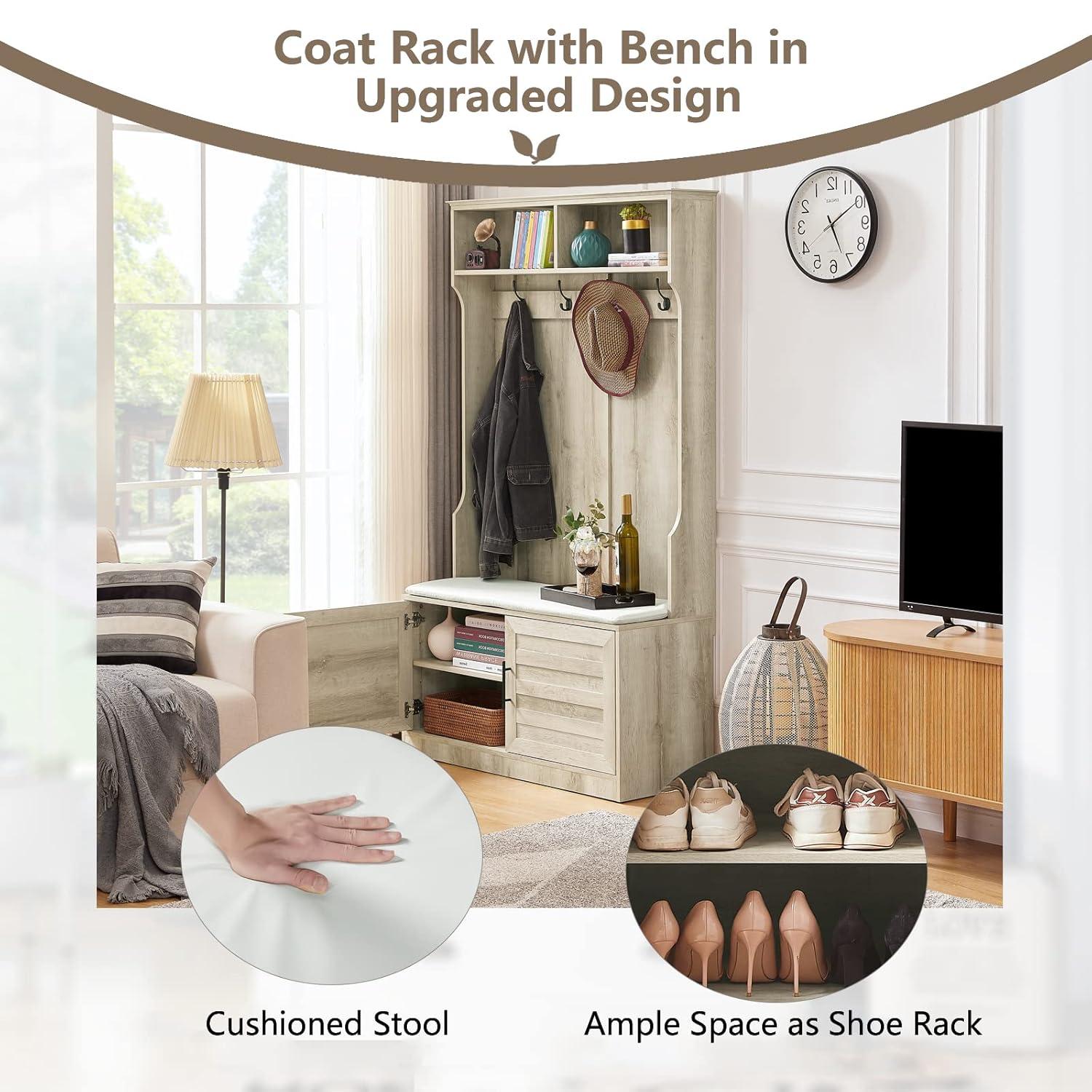 Betoko Hall Trees with Bench and Coat Racks, Farmhouse 71 Inch Entryway Bench with Sliding Barn Door, Wood Coat Tree Mudroom Storage Benches with Drawers (Walnut)