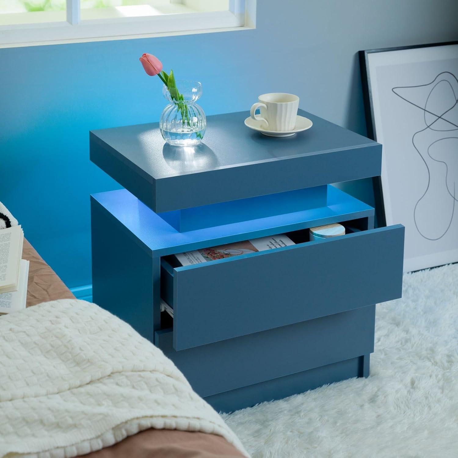 Blue Particle Board Nightstands with LED Lights and 2 Drawers