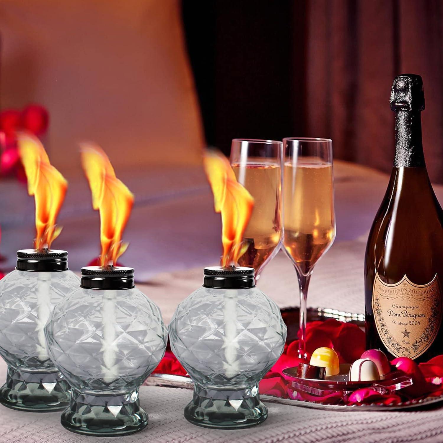 TRAHOO-4 Pack Glass Table Top Light Torches for Outside, Easy to Refill Glass Citronella Torches Outdoor Lanterns, Wick and Cap Included Torch for Garden Patio Yard Party