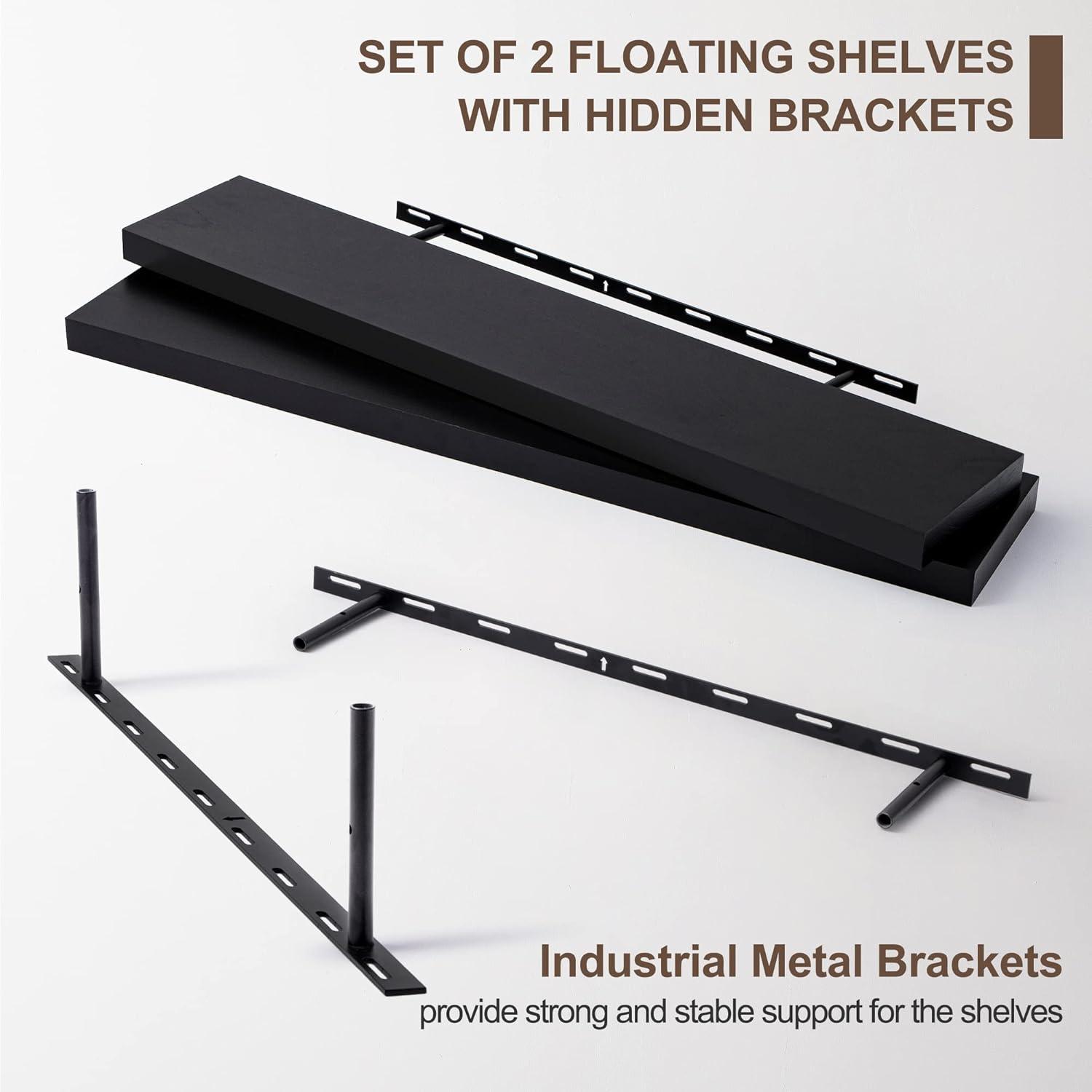 fuqing Black Floating Shelves for Wall - 36 Inch Lightweight Wood Wall Shelves Set of 2 - Floating Black Shelves for Storage Display Ledges for Bedroom Kitchen Living Room