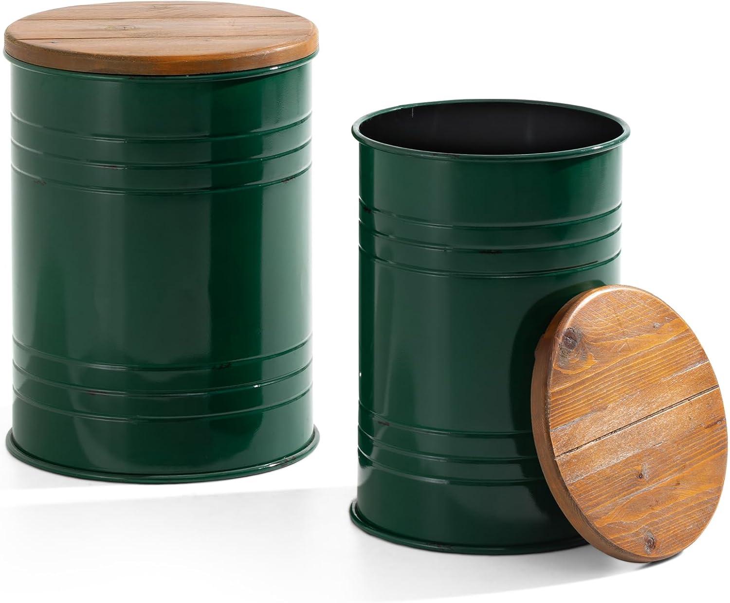 Glitzhome Rustic End Table Set of 2, Farmhouse Galvanized Metal Barrel Ottoman Storage Stool with Round Wood Lid for Living Room Furniture, Hunter Green
