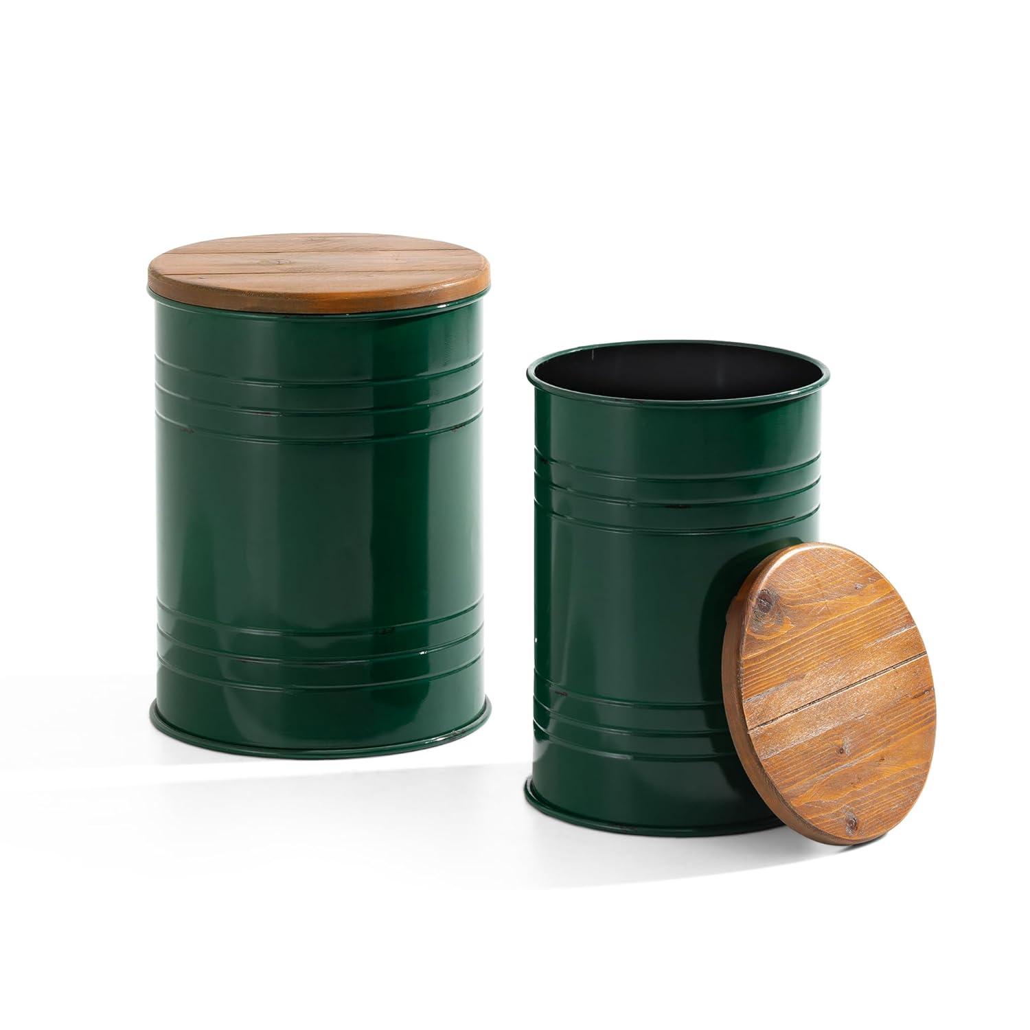 Glitzhome Rustic End Table Set of 2, Farmhouse Galvanized Metal Barrel Ottoman Storage Stool with Round Wood Lid for Living Room Furniture, Hunter Green