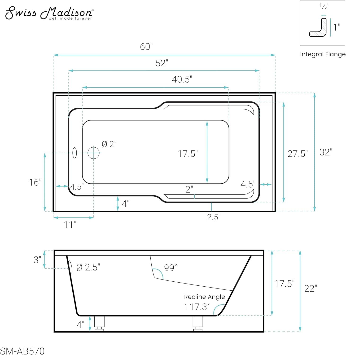 Claire 60" x 32" Alcove Tub with Corner Apron