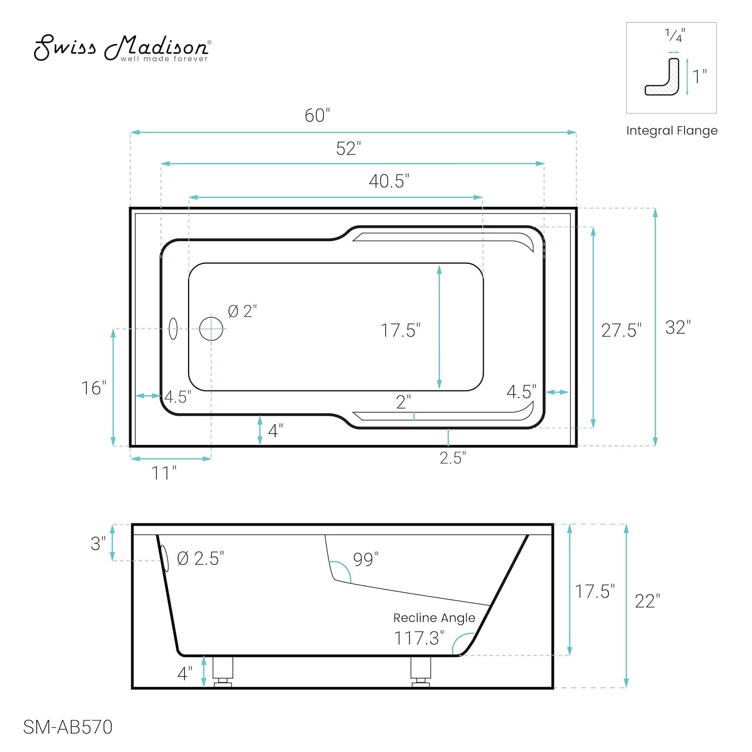 Claire 60" x 32" Alcove Tub with Corner Apron