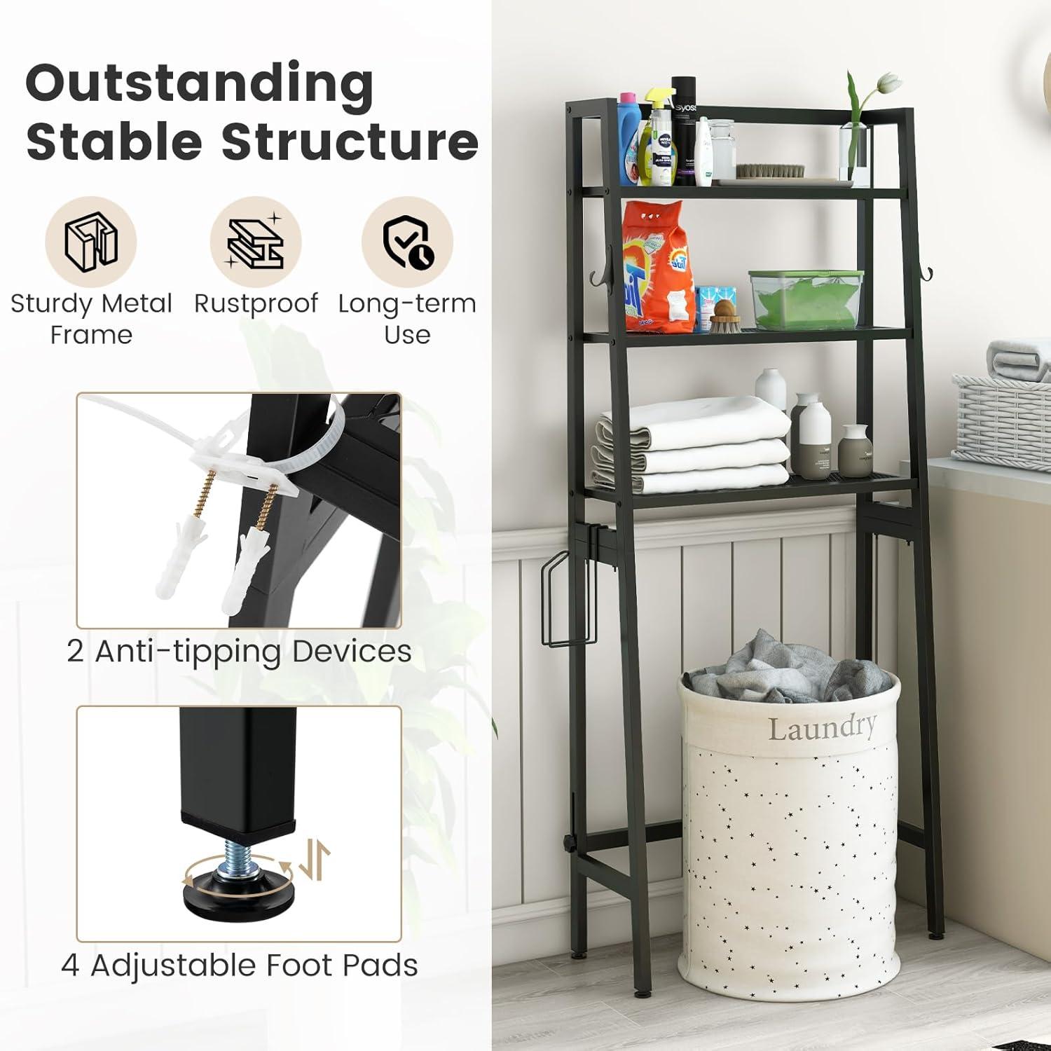 Tangkula Over-the-Toilet Storage 3-Tier Freestanding Bathroom Organizer Shelf w/ 2 Hanging Hooks & Toilet Paper Holder Black