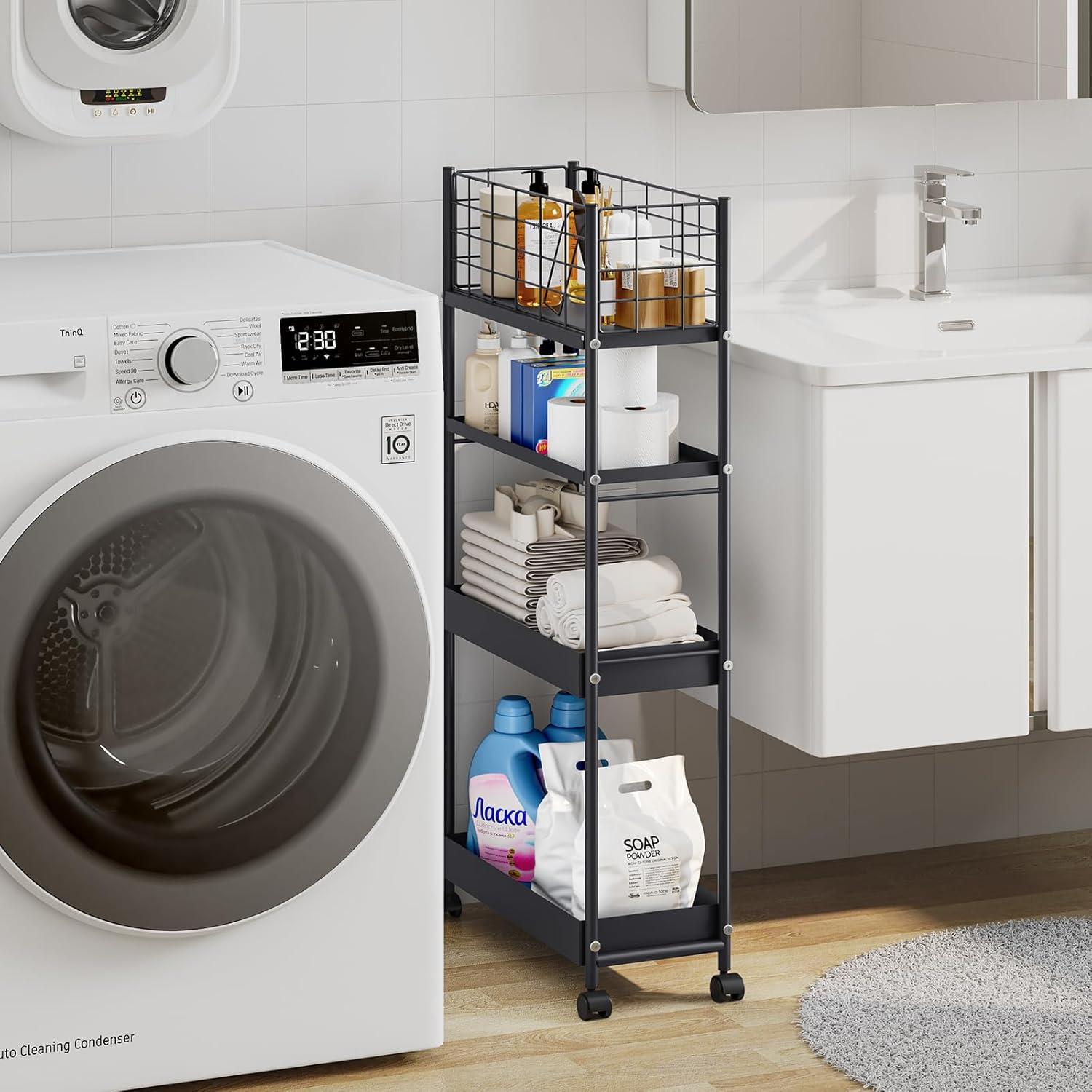 KINGRACK 4-Tier Slim Rolling Cart,Metal Utility Cart,Slide Out Storage Cart with Wooden Tabletop and Mesh Baskets for Narrow Space on Kitchen Bathroom Laundry Room Bedroom Apartments Dormitory, Black