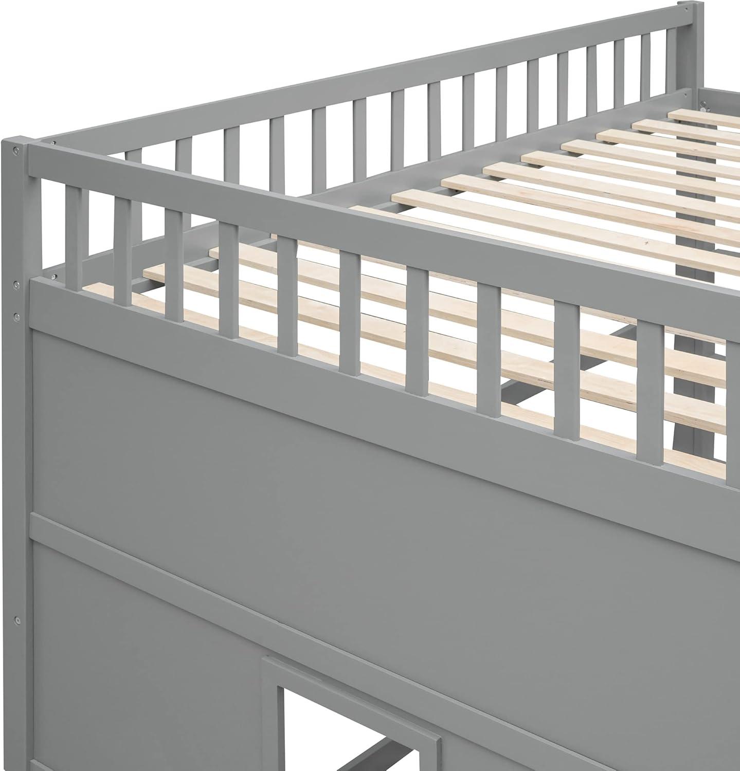 Full Size House Loft Bed Frame, Wooden House Shaped Bed Frame with Ladder, Windows and Safety Guardrails, Playhouse Loft Bed Frame for Bedroom Guest Room Dorm Apartment, Gray