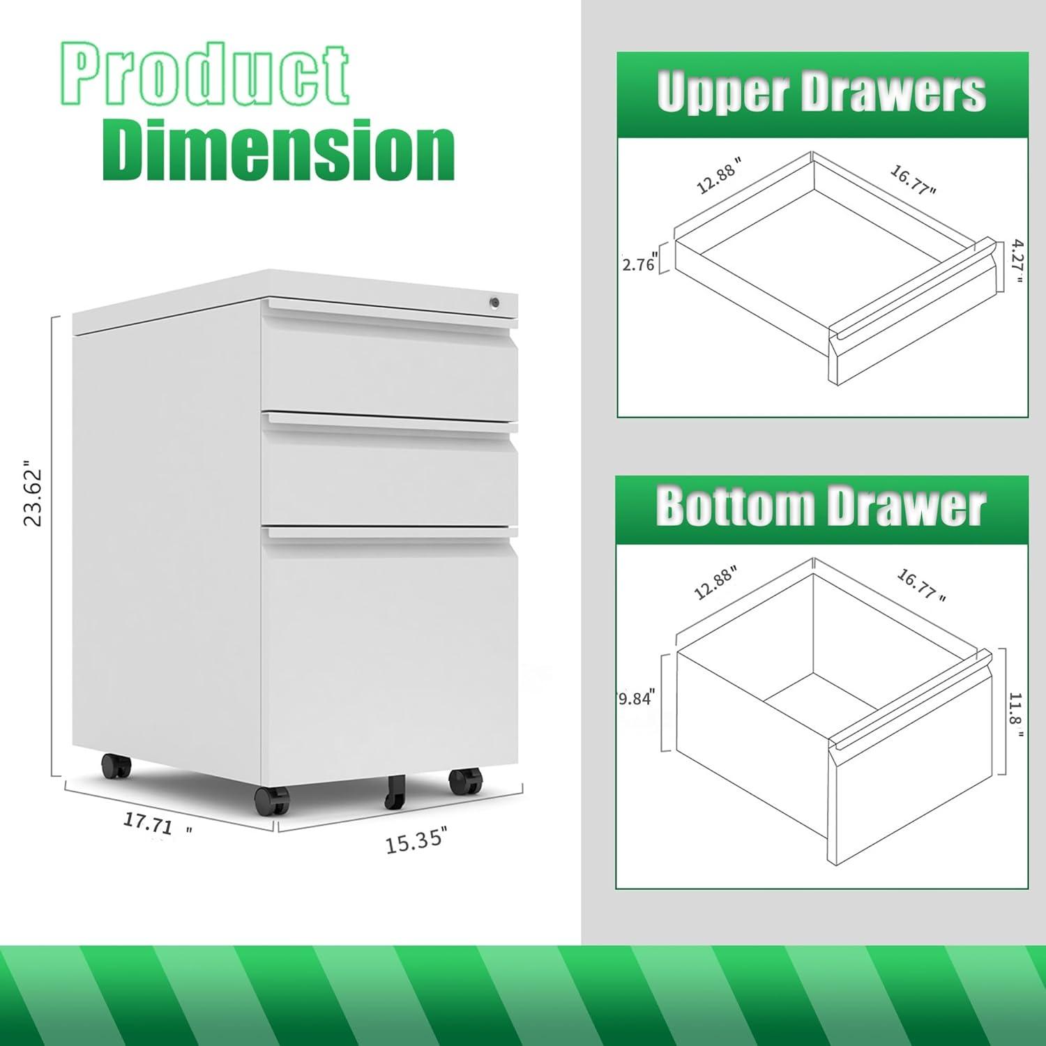 SYNGAR 3 Drawer File Cabinet with Lock, Mobile Printer Stand with 5 Wheels, Under Desk Metal Filing Cabinet fits A4 File/Letter/Legal for Home Office, Fully Assembled, White, D8952