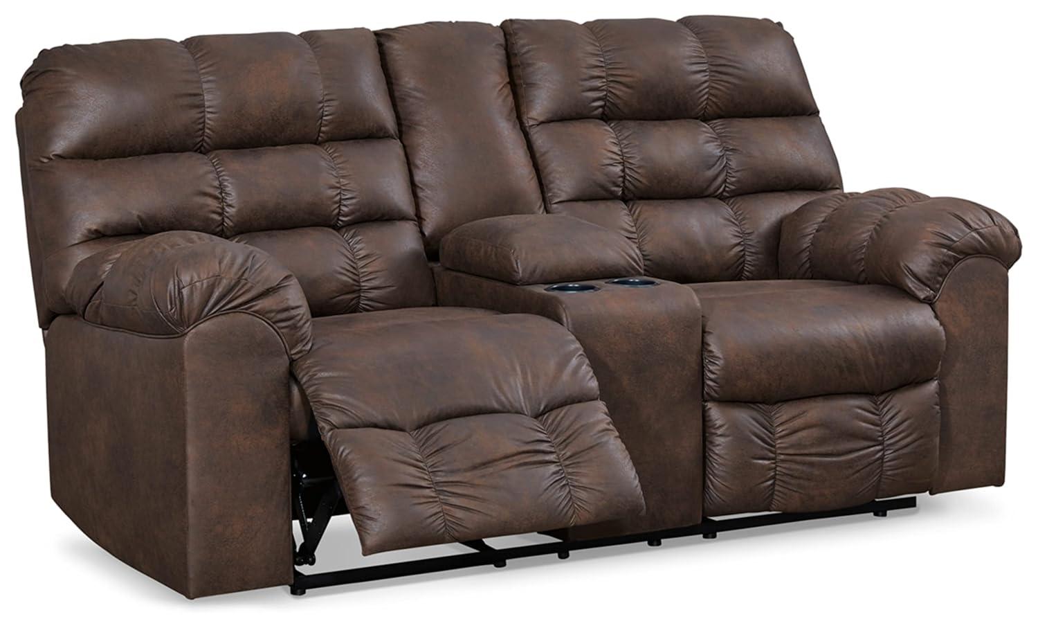 Nut Brown Faux Leather Reclining Loveseat with Cup Holder