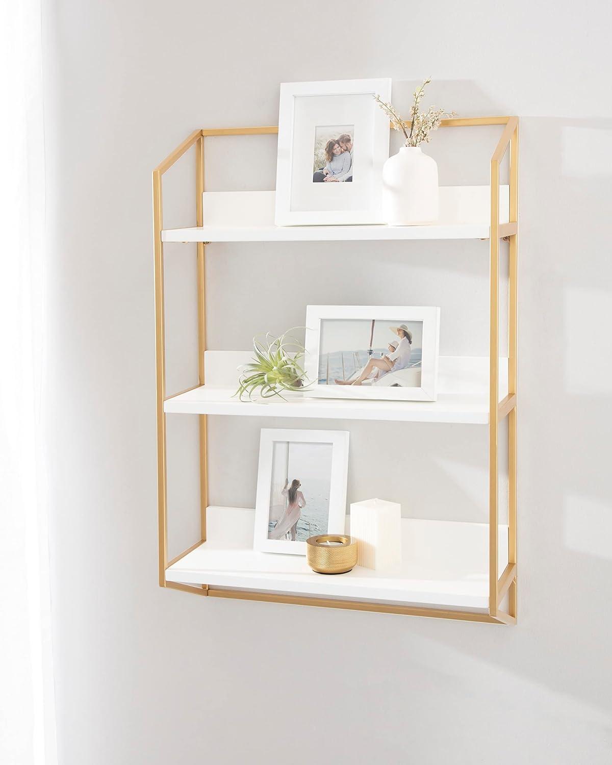 Elegant White and Gold 3-Tier Floating Wooden Wall Shelf