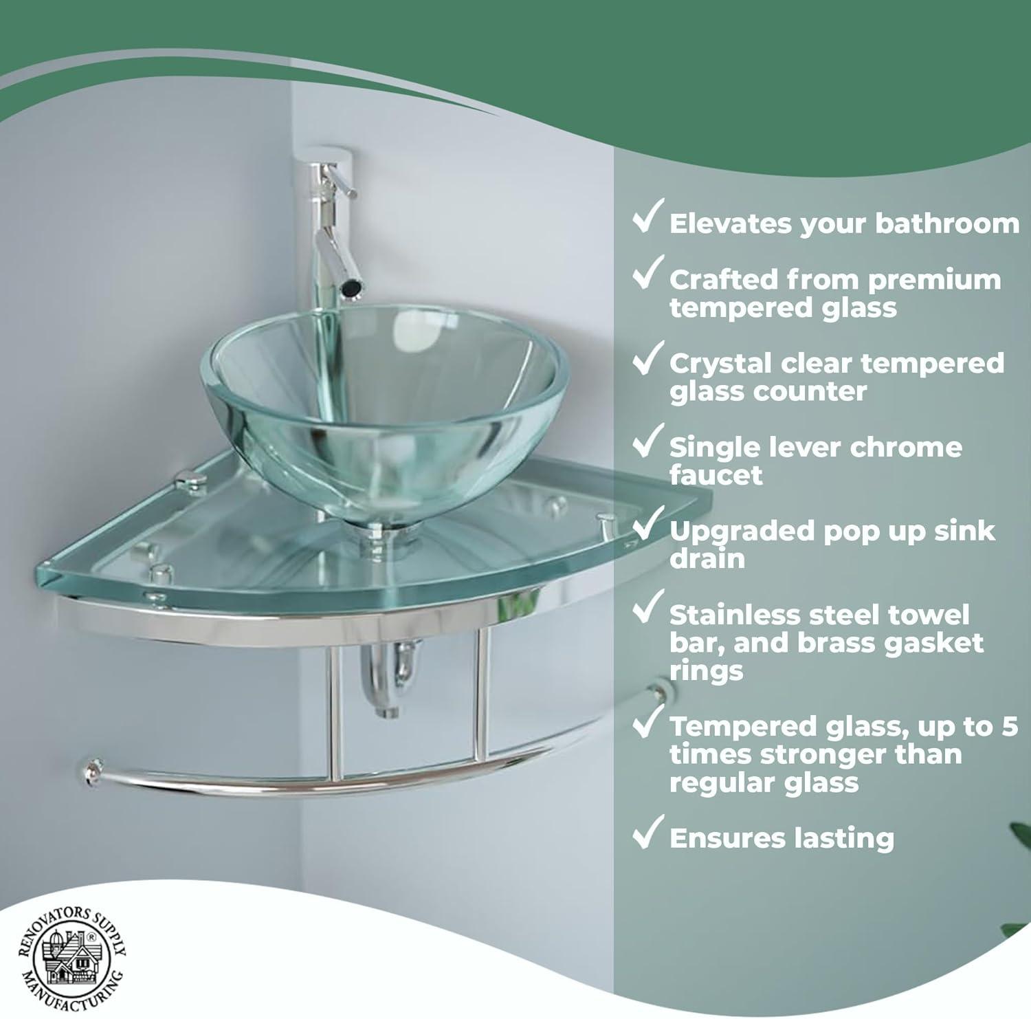 Round Corner Glass Wall Mount Bathroom Vessel Sink with Chrome Faucet Towel Bar